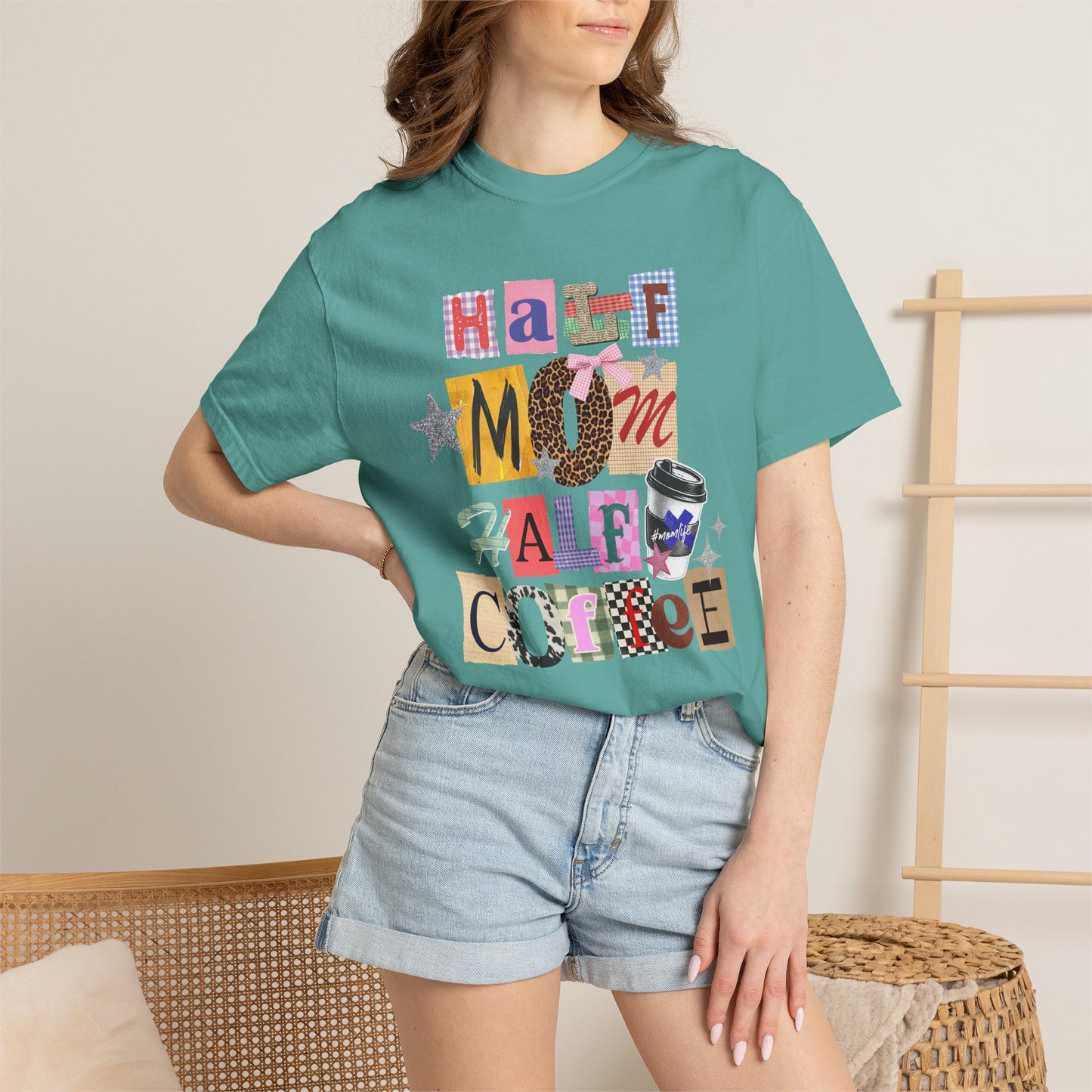 Half Mom Half Coffee Graphic Tee • Funny Mom Shirt Women • Trendy Patchwork Mixed Print Leopard Gingham Tee • Mom Life Shirt