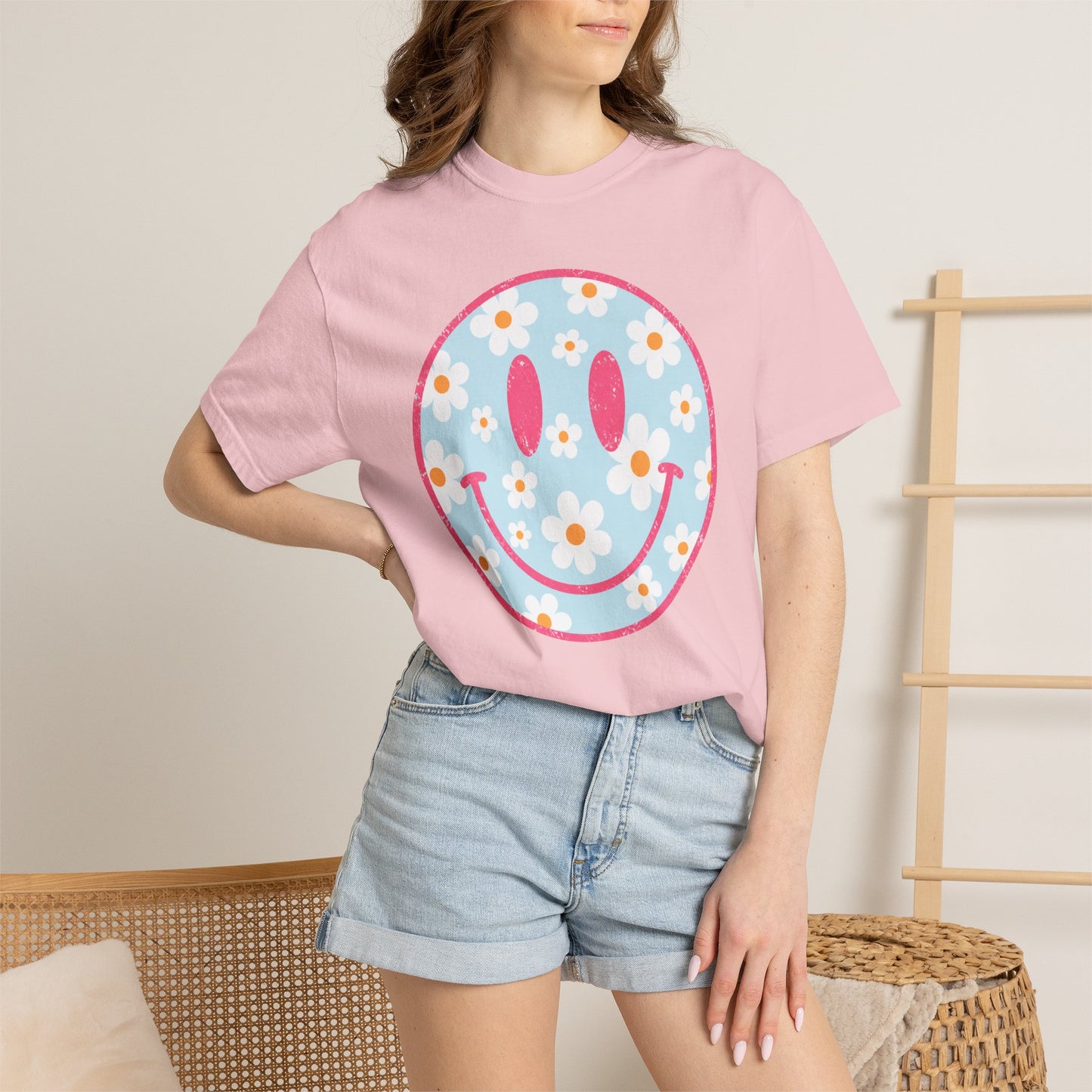 Pink Daisy Smiley Face Tee • Retro Floral Happy Face Shirt • Boutique Mama Graphic Tee