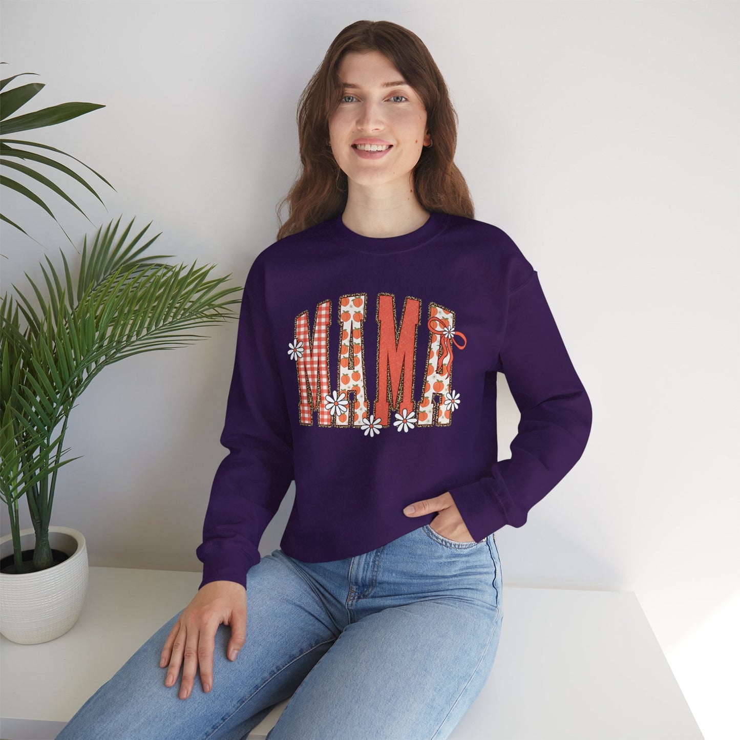 Daisy Peach MAMA Floral Sweatshirt • Spring Graphic Crew • Peach Gingham Mom pullover • Feminine Boutique Everyday Outfit