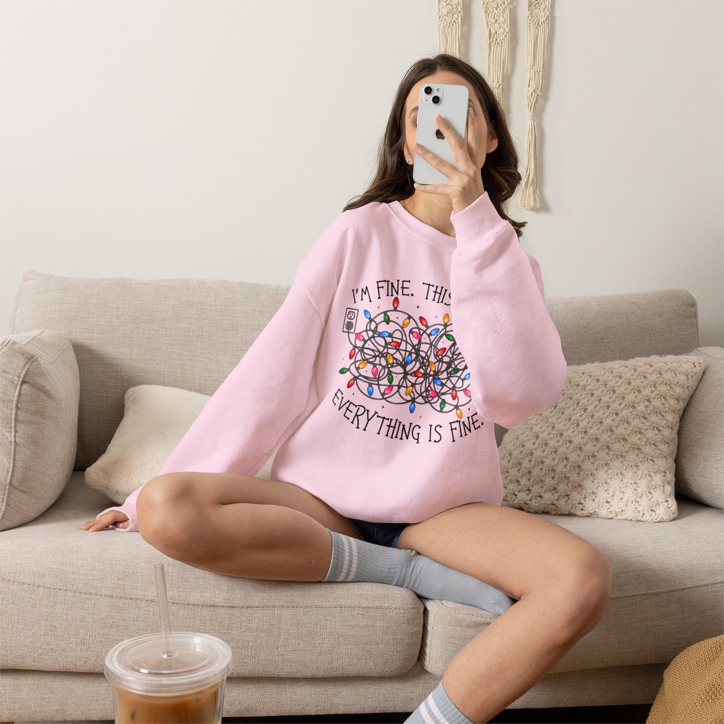 Crewneck Sweatshirt — "I'm Fine. This is Fine. Everything is Fine." Holiday Lights Design