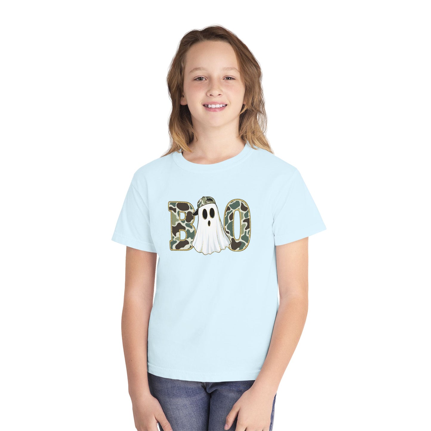 BOO Ghost Youth Tee — Camo Pattern Halloween Shirt for Kids