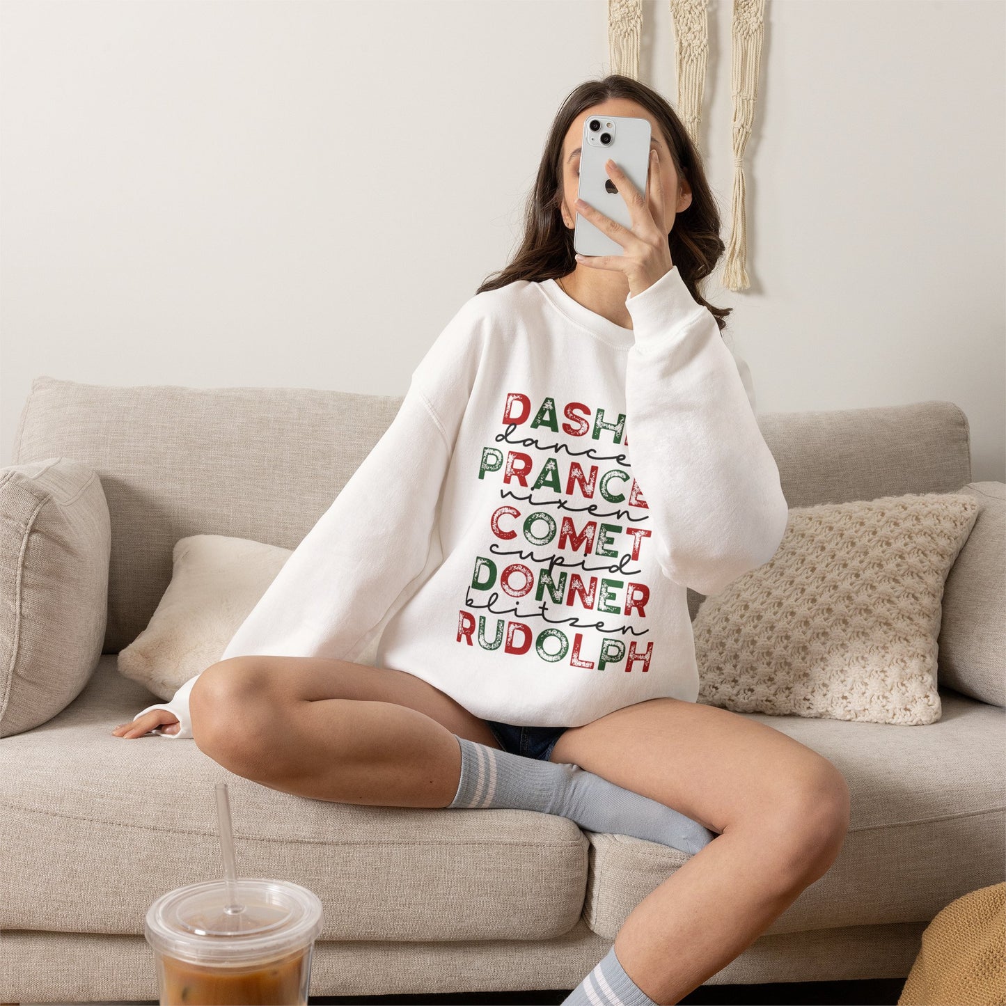 Christmas Reindeer Names Crewneck Sweatshirt — Dasher, Dancer, Prancer, Comet, Donner, Blitzen, Rudolph