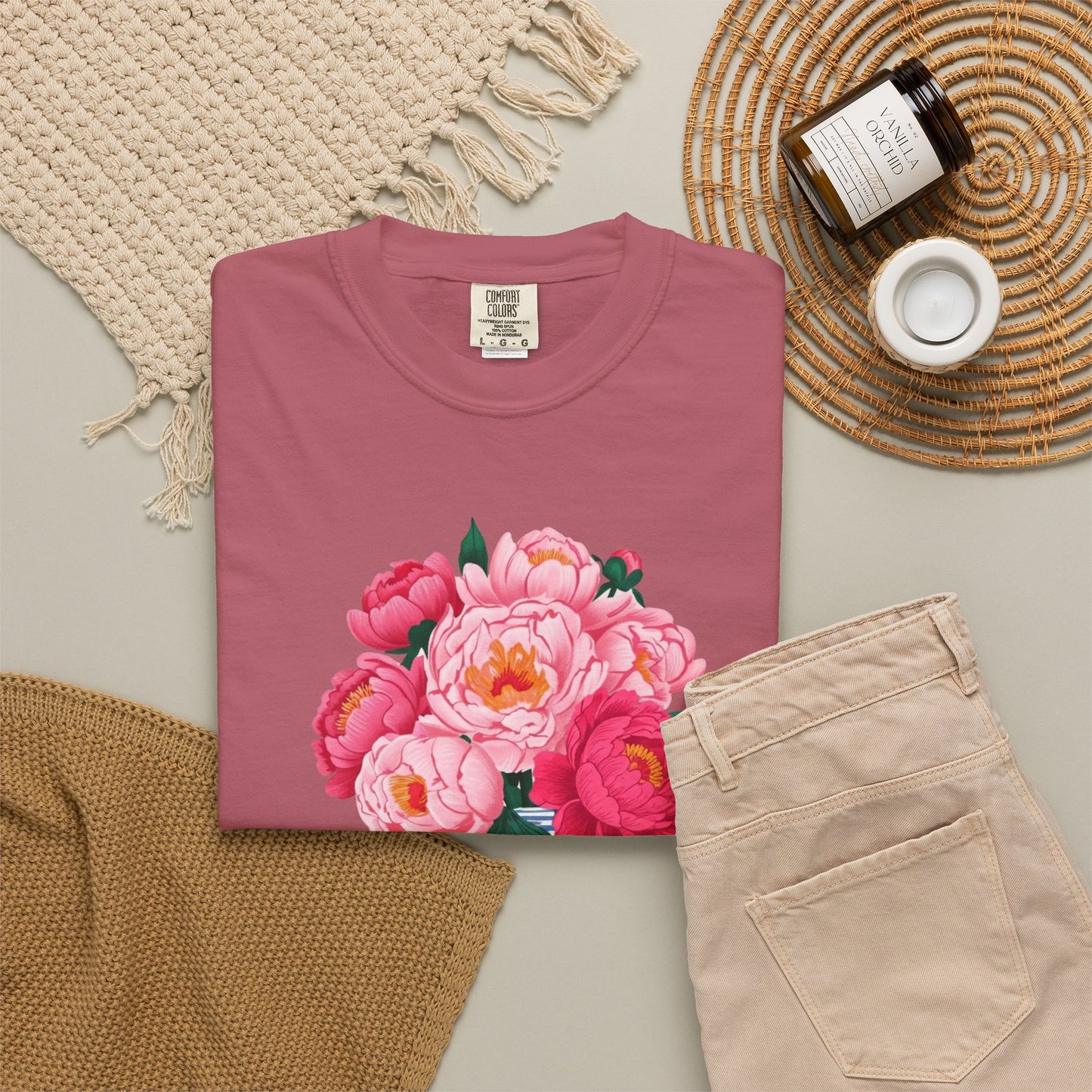 Peony Bouquet T-Shirt — Pink Peony in Vintage White & Blue Floral Vase