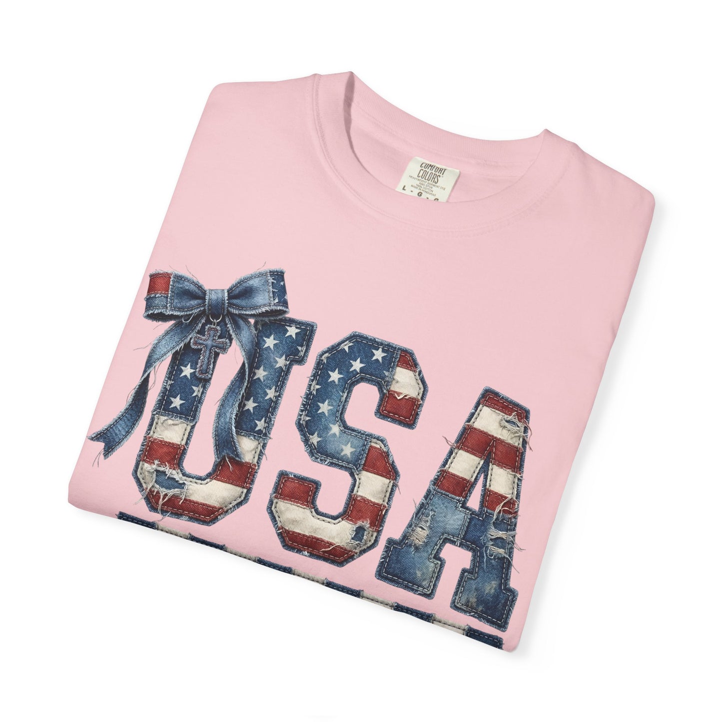 USA Patchwork Denim T-Shirt • Red White Blue Coquette Bow Tee • Americana Graphic Shirt