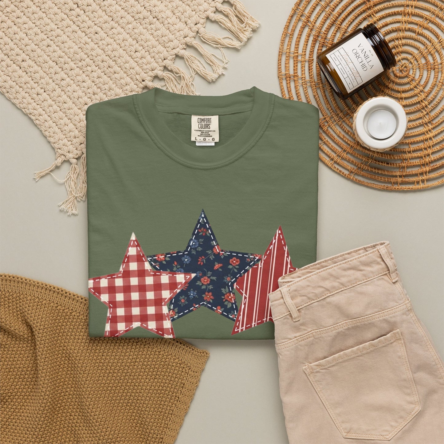 4th of July Patchwork Star T-Shirt for Summer nights • Floral Gingham Red White Blue USA Tee • Patriotic Outfit