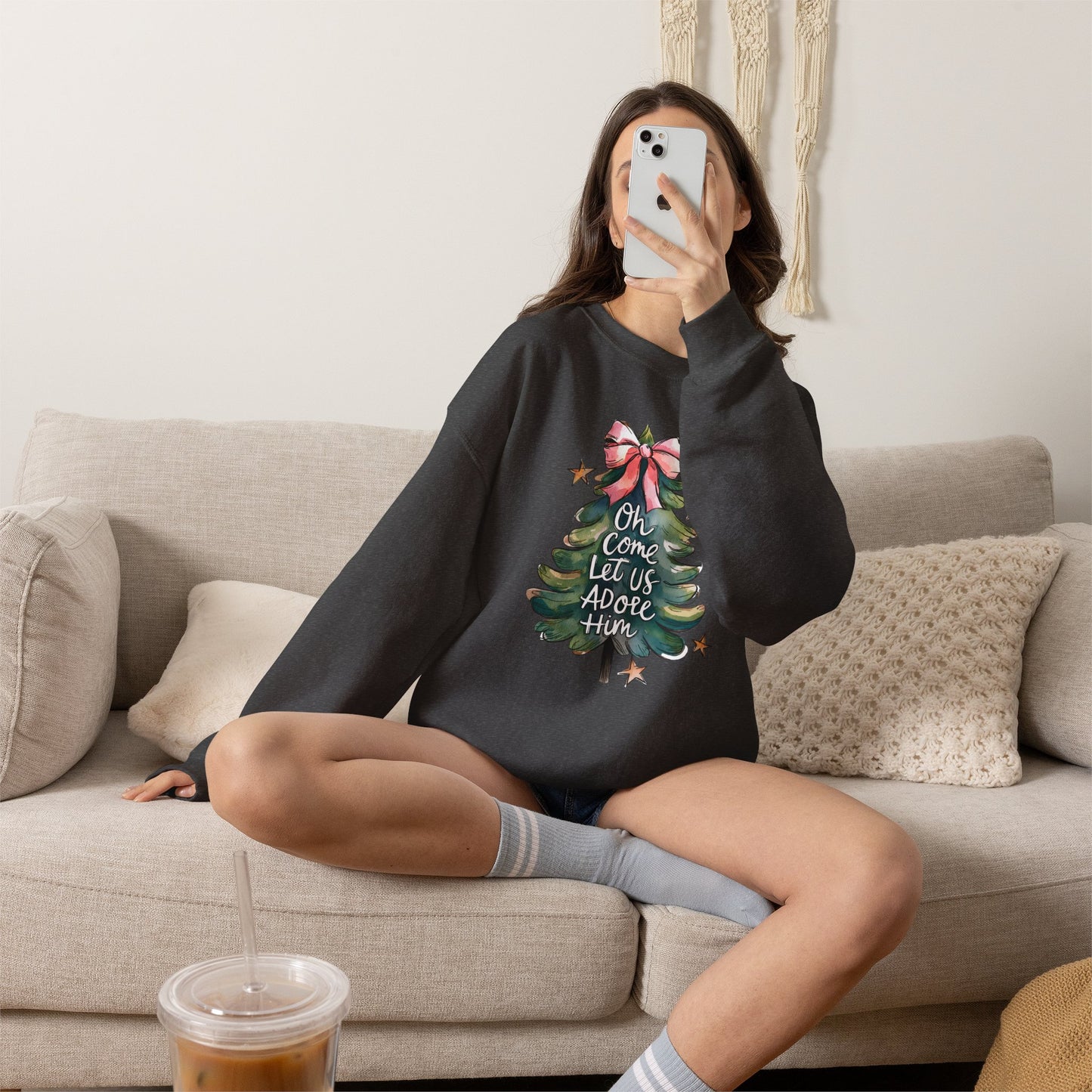 Christmas Tree Sweatshirt — "Oh Come Let Us Adore Him" Holiday Crewneck