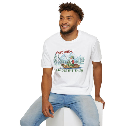 Santa’s Off Duty Shirt | Funny Christmas Fishing Tee | Holiday Graphic Shirt with Santa in Canoe | Cute Christmas Gift for Fishermen