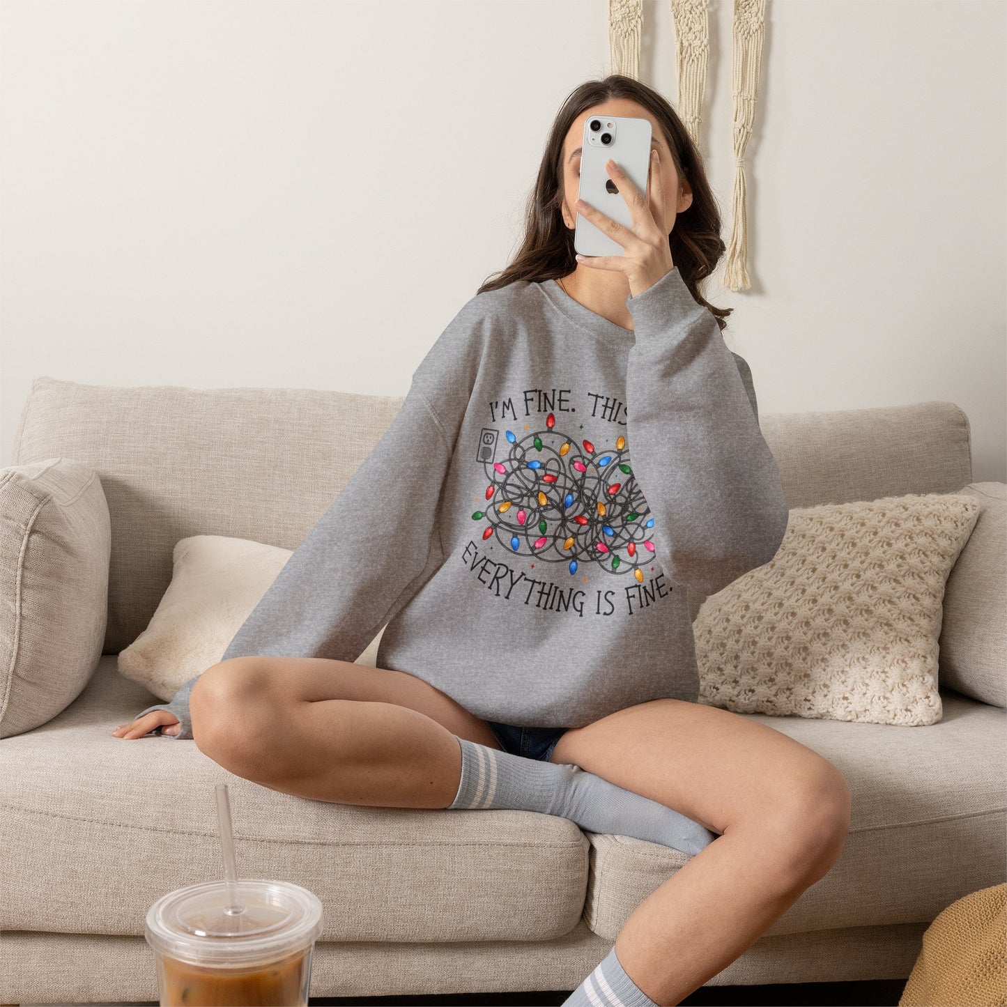 Crewneck Sweatshirt — "I'm Fine. This is Fine. Everything is Fine." Holiday Lights Design