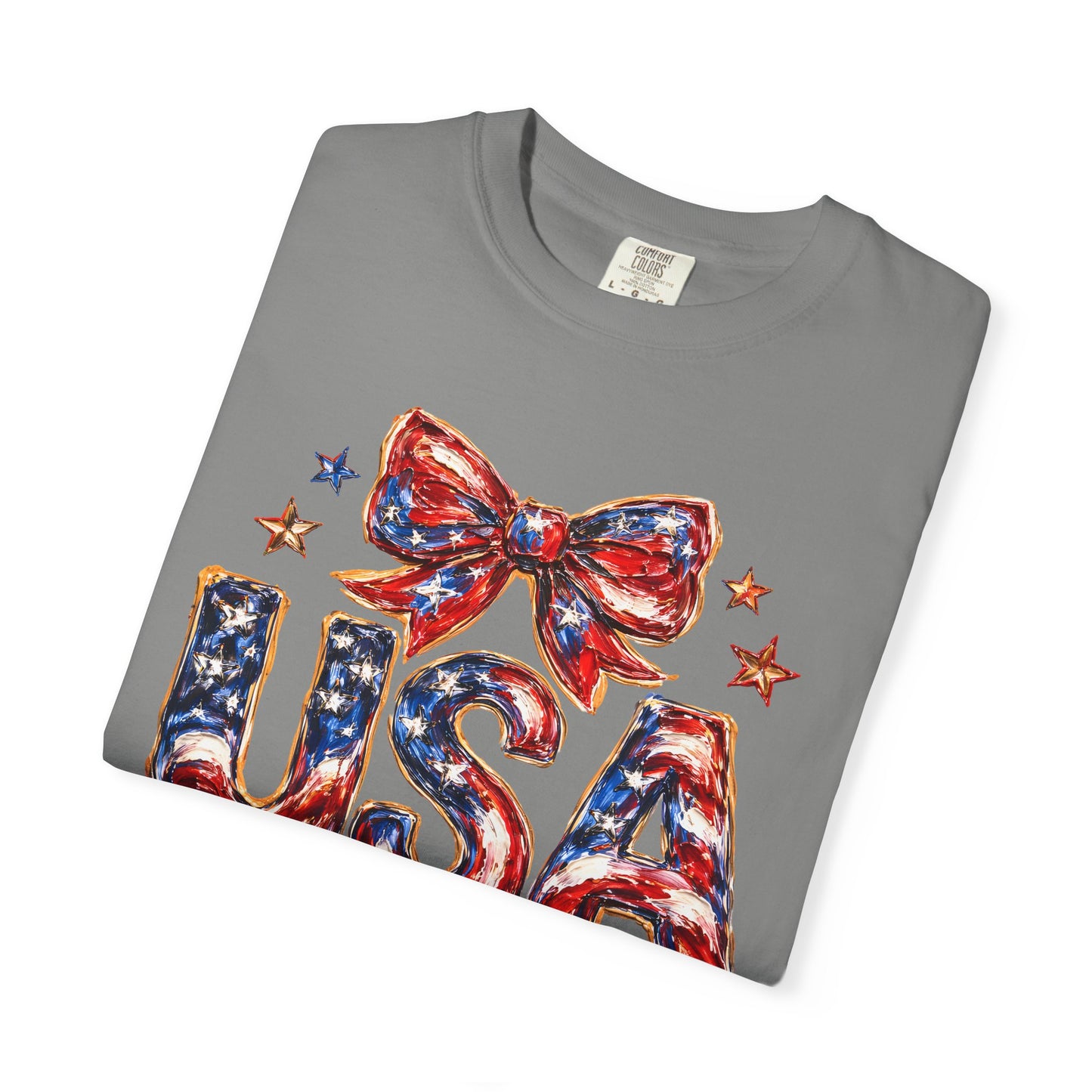 USA Coquette Bow T-Shirt • Red White Blue Patriotic Graphic Tee • Fourth of July Shirt