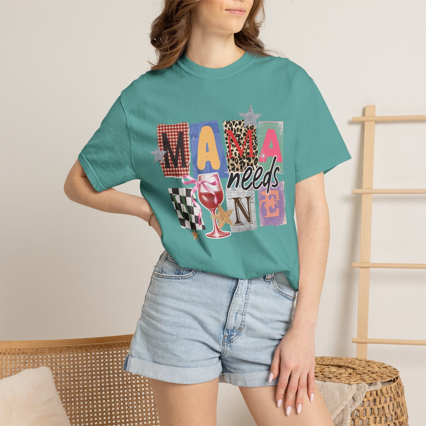 Mama Needs Wine Graphic Tee • Funny Mom Shirt Women • Trendy Patchwork Mixed Print Leopard Gingham Tee • Mom Life Shirt