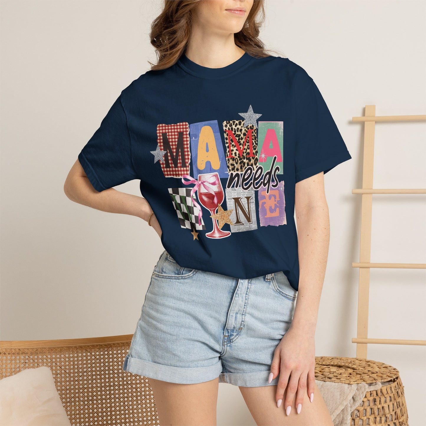 Mama Needs Wine Graphic Tee • Funny Mom Shirt Women • Trendy Patchwork Mixed Print Leopard Gingham Tee • Mom Life Shirt