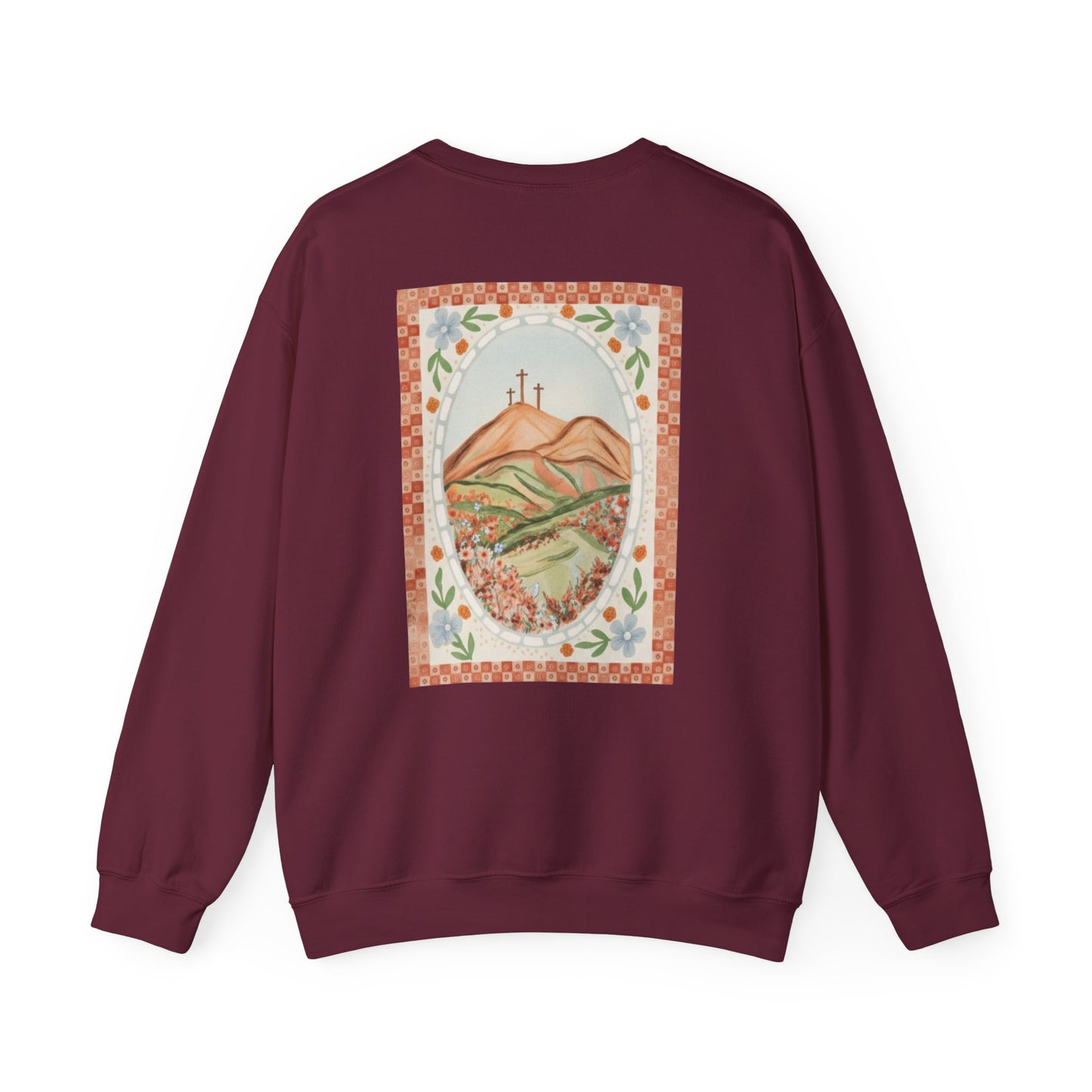 Easter Landscape Faith Sweatshirt (Front & Back) • Christian Mountain Cross Crewneck • Floral Resurrection Scene Graphic