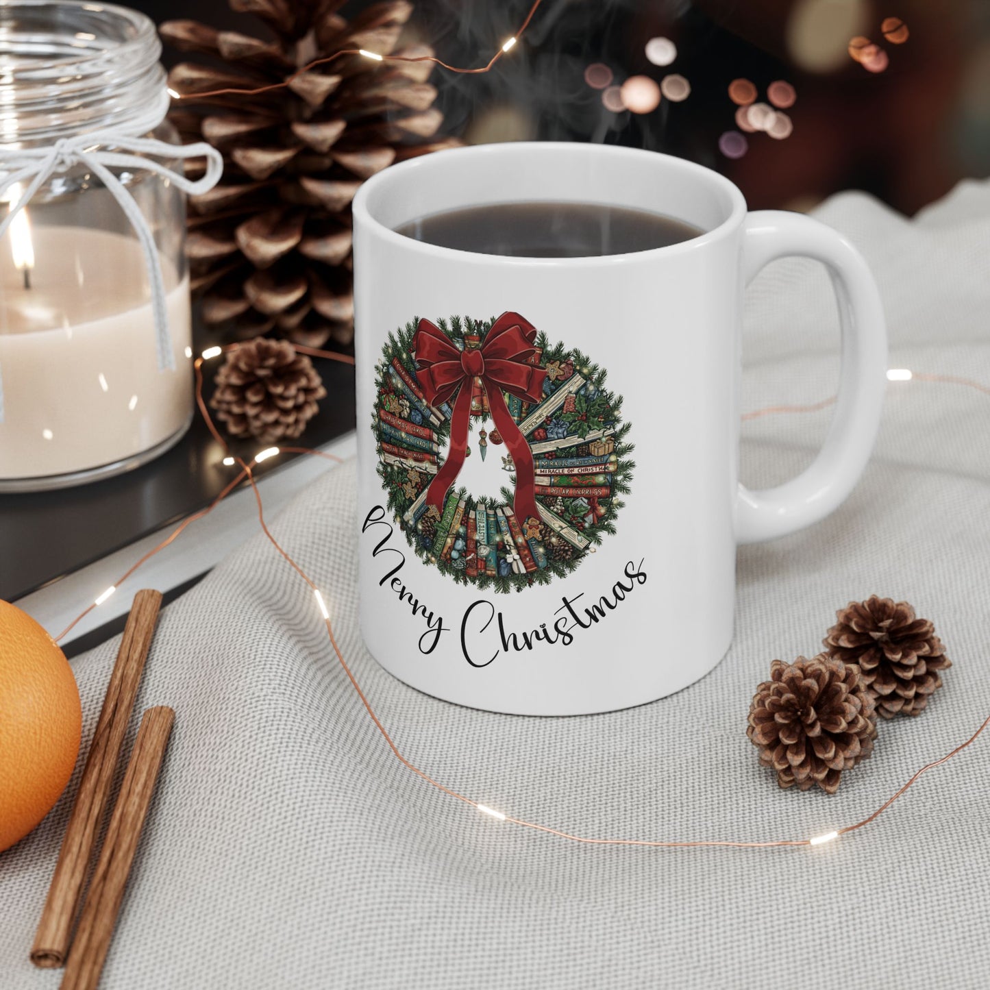 Christmas Book Wreath Mug | Merry Christmas Wreath Design | Holiday Gift, Booktok, Seasonal Decor, Coffee Lover, Hot Cocoa Cup, Warm Wishes