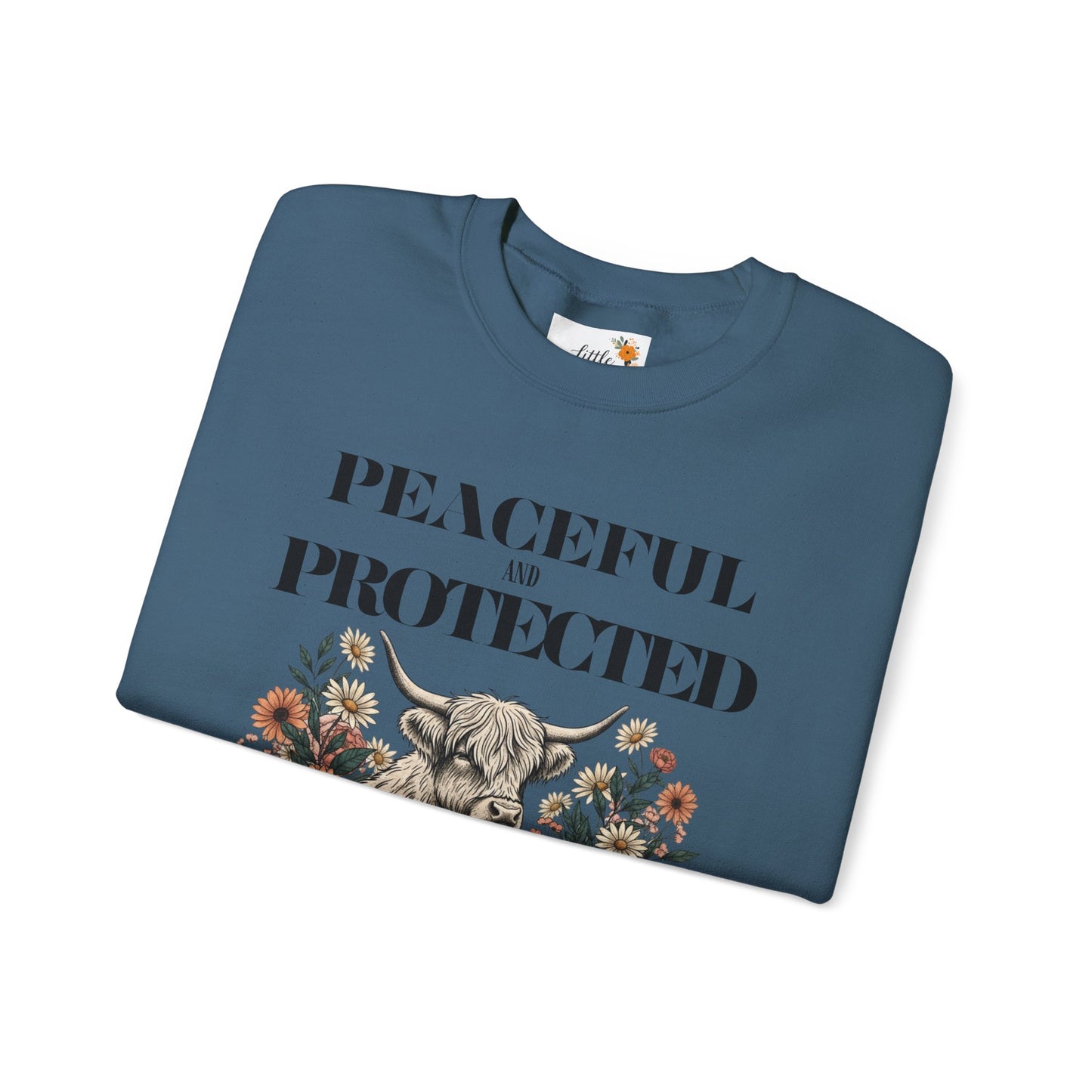 Peaceful and Protected Highland Cow Floral Sweatshirt • Psalm 4:8 Christian Crewneck • Western Cow Faith Graphic