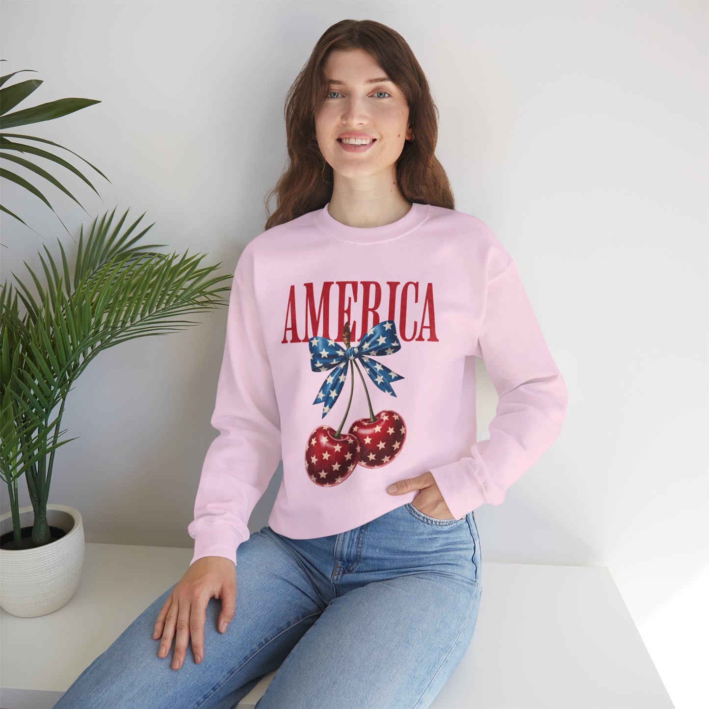 America Cherry Bow Sweatshirt • 4th of July Coquette Crewneck • Red White Blue Graphic shirt