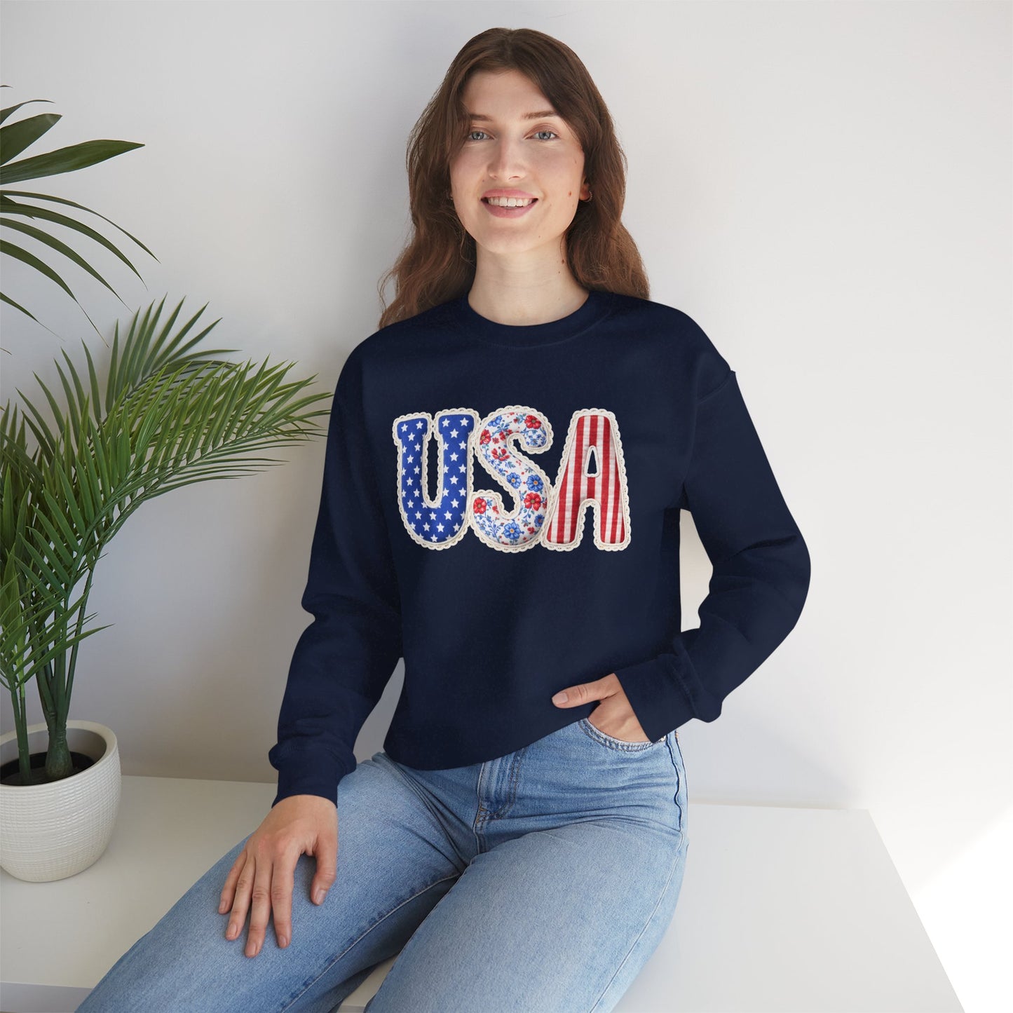 Floral Patchwork USA Crewneck • Preppy Patriotic Sweatshirt • Vintage Americana Gingham Sweatshirt • Cozy Summer Mom Outfit