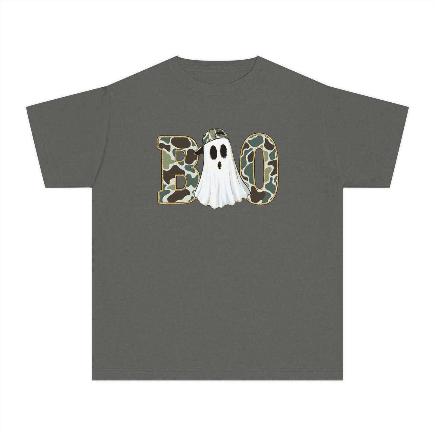 BOO Ghost Youth Tee — Camo Pattern Halloween Shirt for Kids
