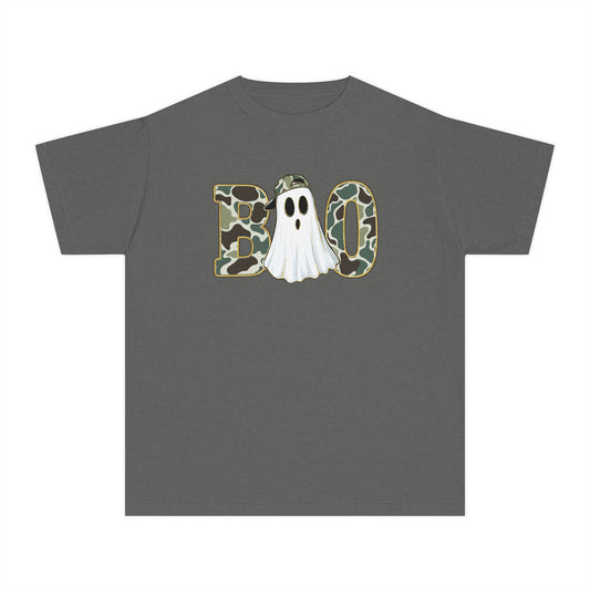 BOO Ghost Youth Tee — Camo Pattern Halloween Shirt for Kids