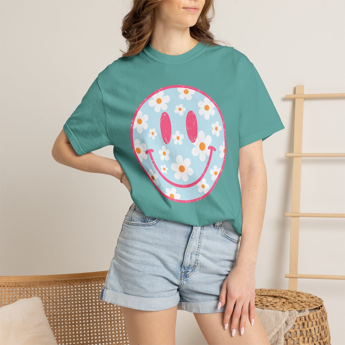 Pink Daisy Smiley Face Tee • Retro Floral Happy Face Shirt • Boutique Mama Graphic Tee