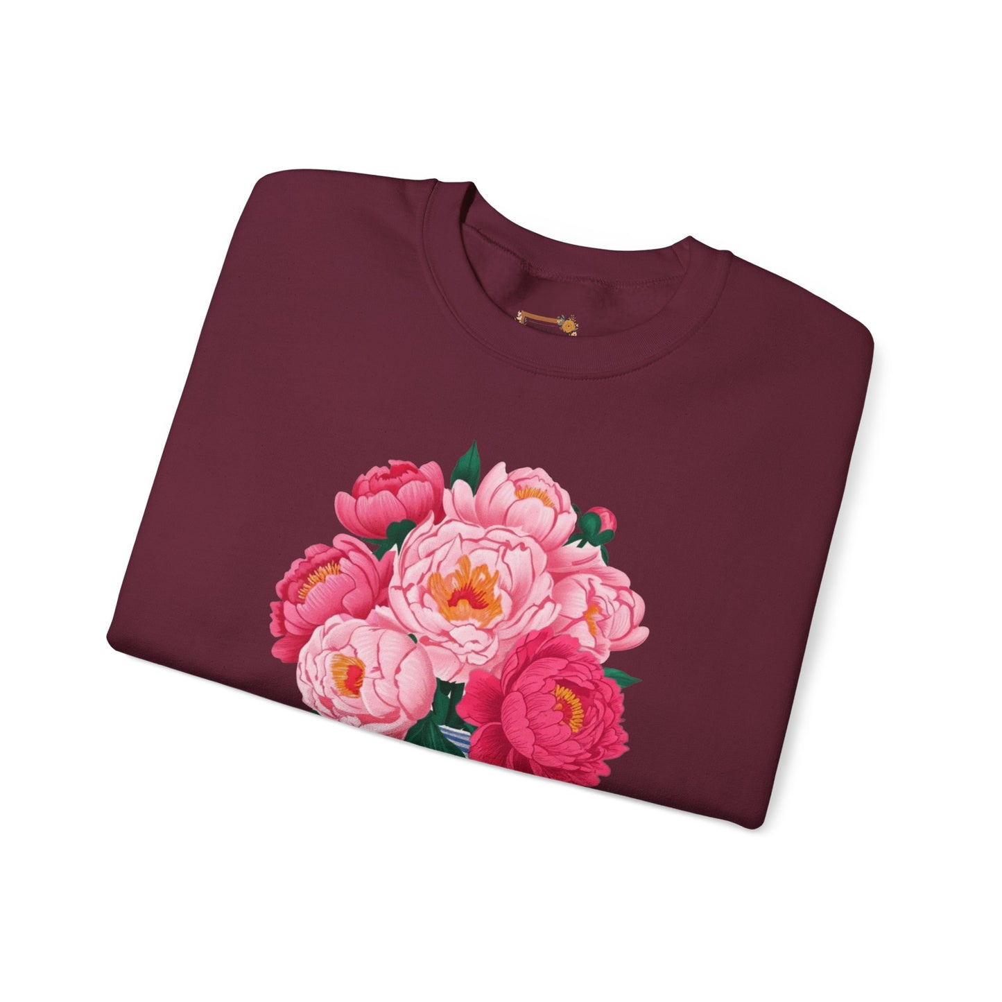 Pink Peonies in Blue Vintage Vase Floral Sweatshirt • Cottagecore Garden Bouquet Crewneck • Botanical Apparel