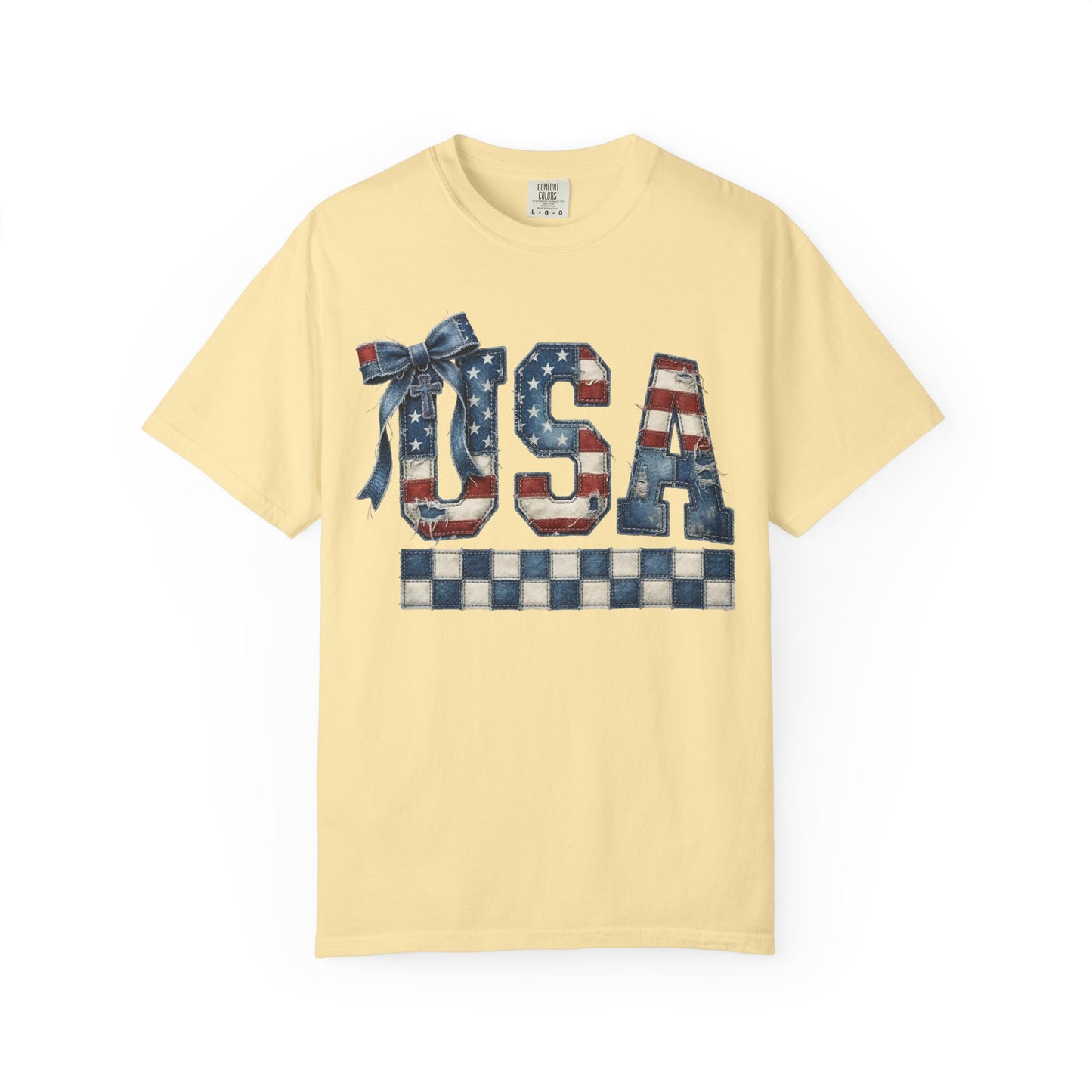 USA Patchwork Denim T-Shirt • Red White Blue Coquette Bow Tee • Americana Graphic Shirt