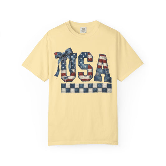USA Patchwork Denim T-Shirt • Red White Blue Coquette Bow Tee • Americana Graphic Shirt
