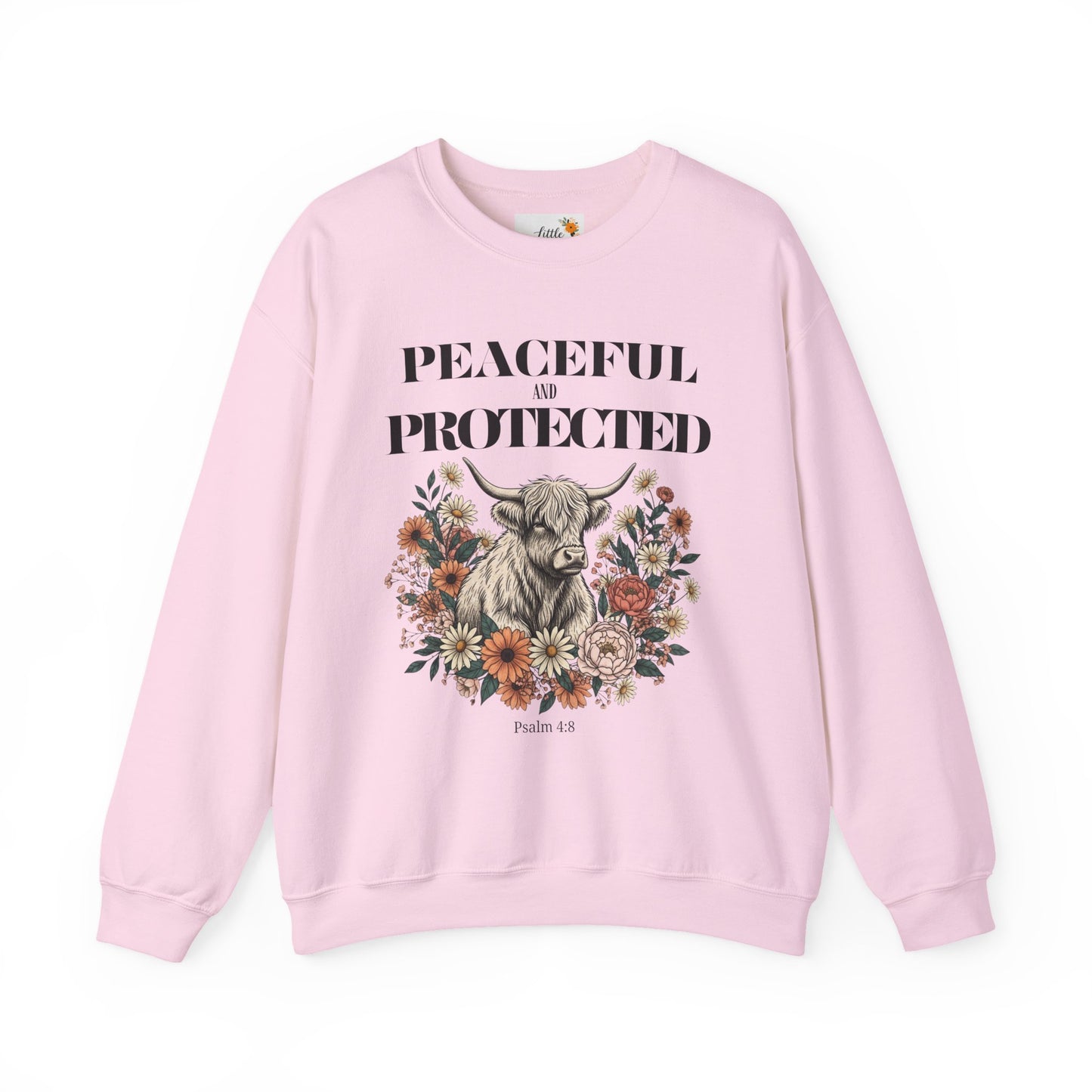 Peaceful and Protected Highland Cow Floral Sweatshirt • Psalm 4:8 Christian Crewneck • Western Cow Faith Graphic