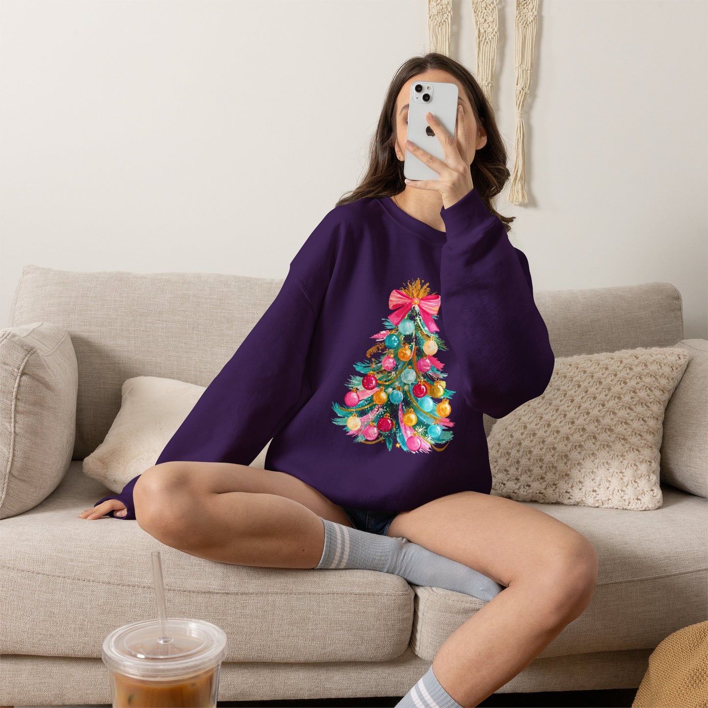 Preppy Pastel Christmas OrnamentTree Crewneck Sweatshirt — Pastel Ornament Holiday Sweatshirt