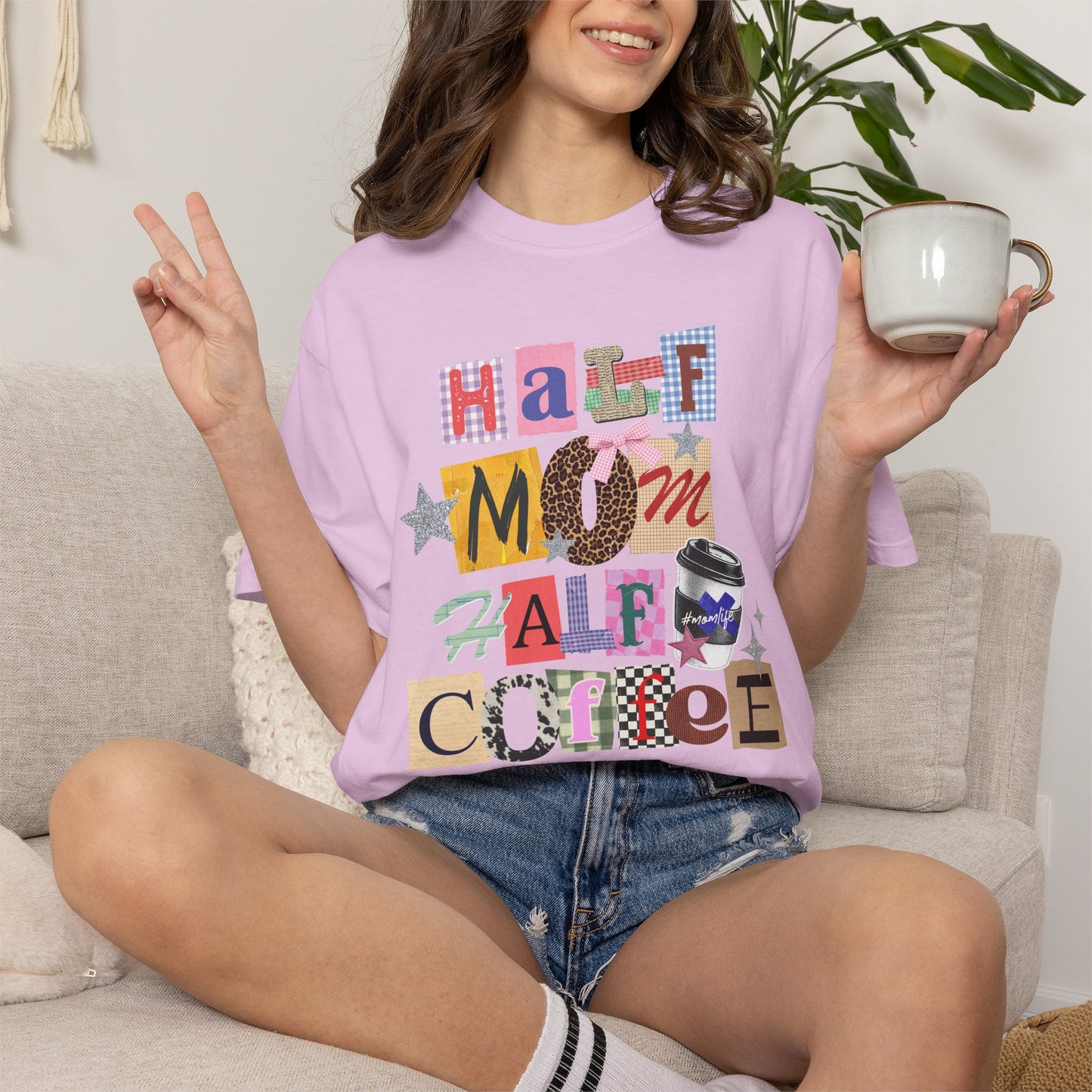 Half Mom Half Coffee Graphic Tee • Funny Mom Shirt Women • Trendy Patchwork Mixed Print Leopard Gingham Tee • Mom Life Shirt