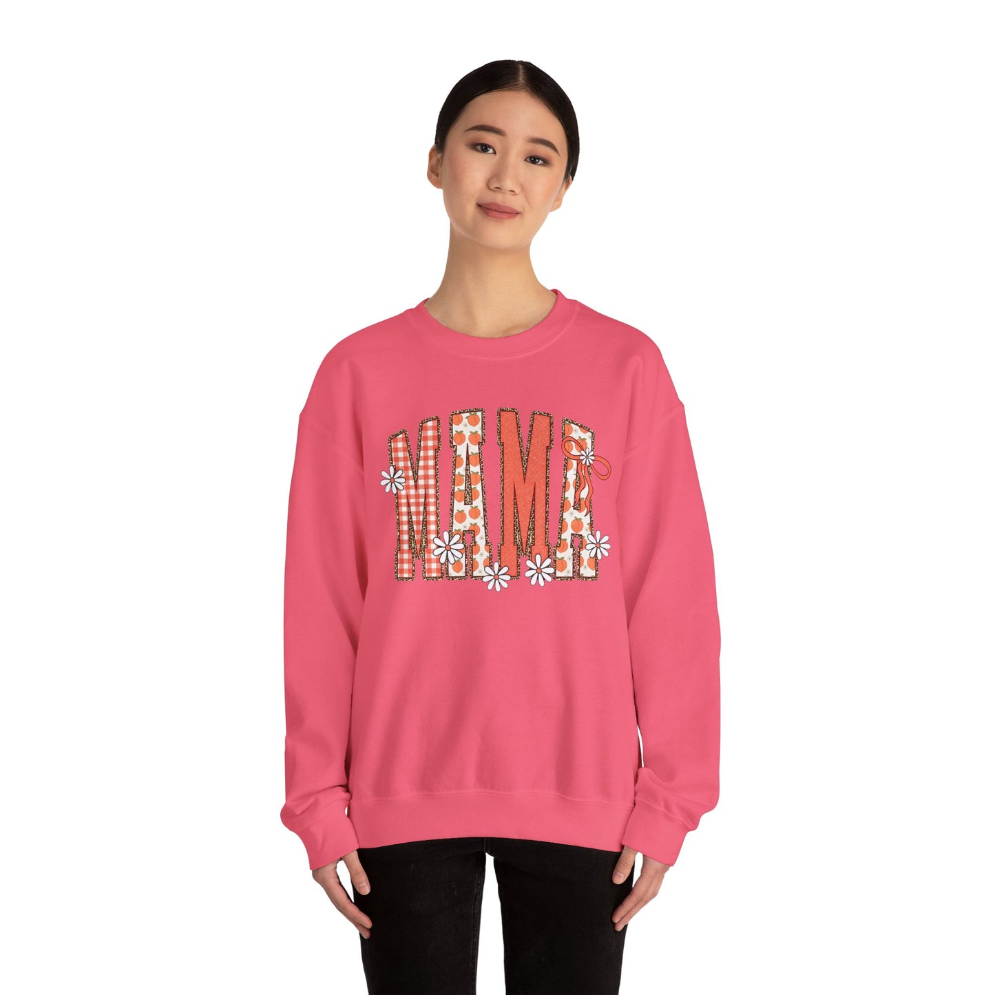 Daisy Peach MAMA Floral Sweatshirt • Spring Graphic Crew • Peach Gingham Mom pullover • Feminine Boutique Everyday Outfit