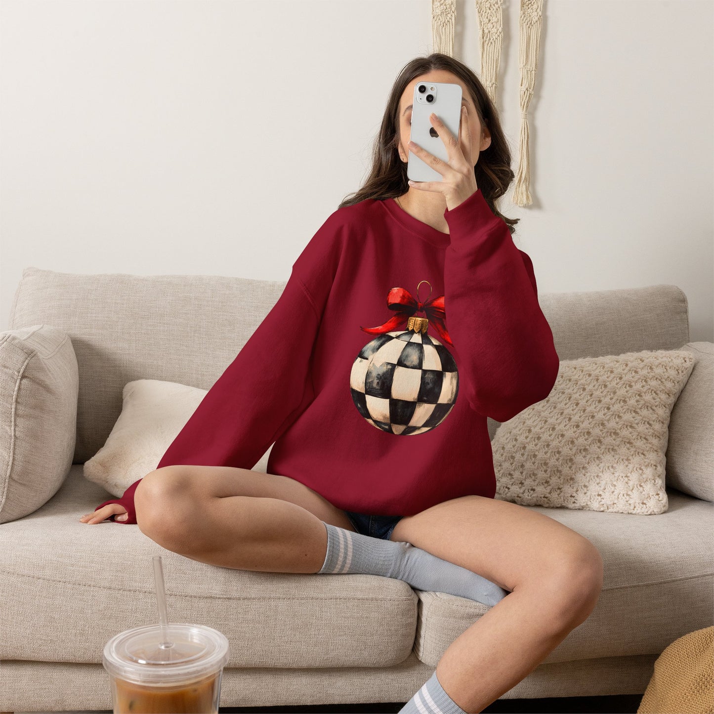 Checkerboard Ornament Crewneck Sweatshirt — Vintage Black & White Holiday Pullover