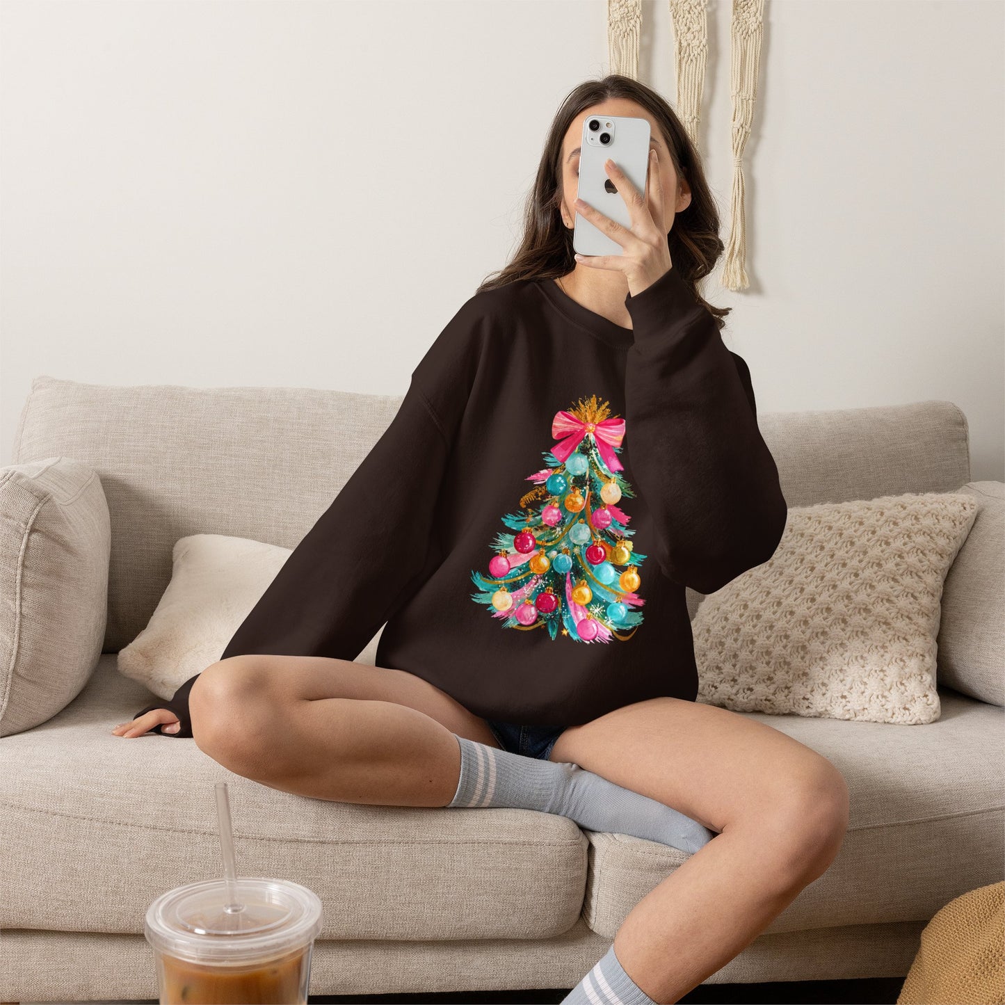 Preppy Pastel Christmas OrnamentTree Crewneck Sweatshirt — Pastel Ornament Holiday Sweatshirt