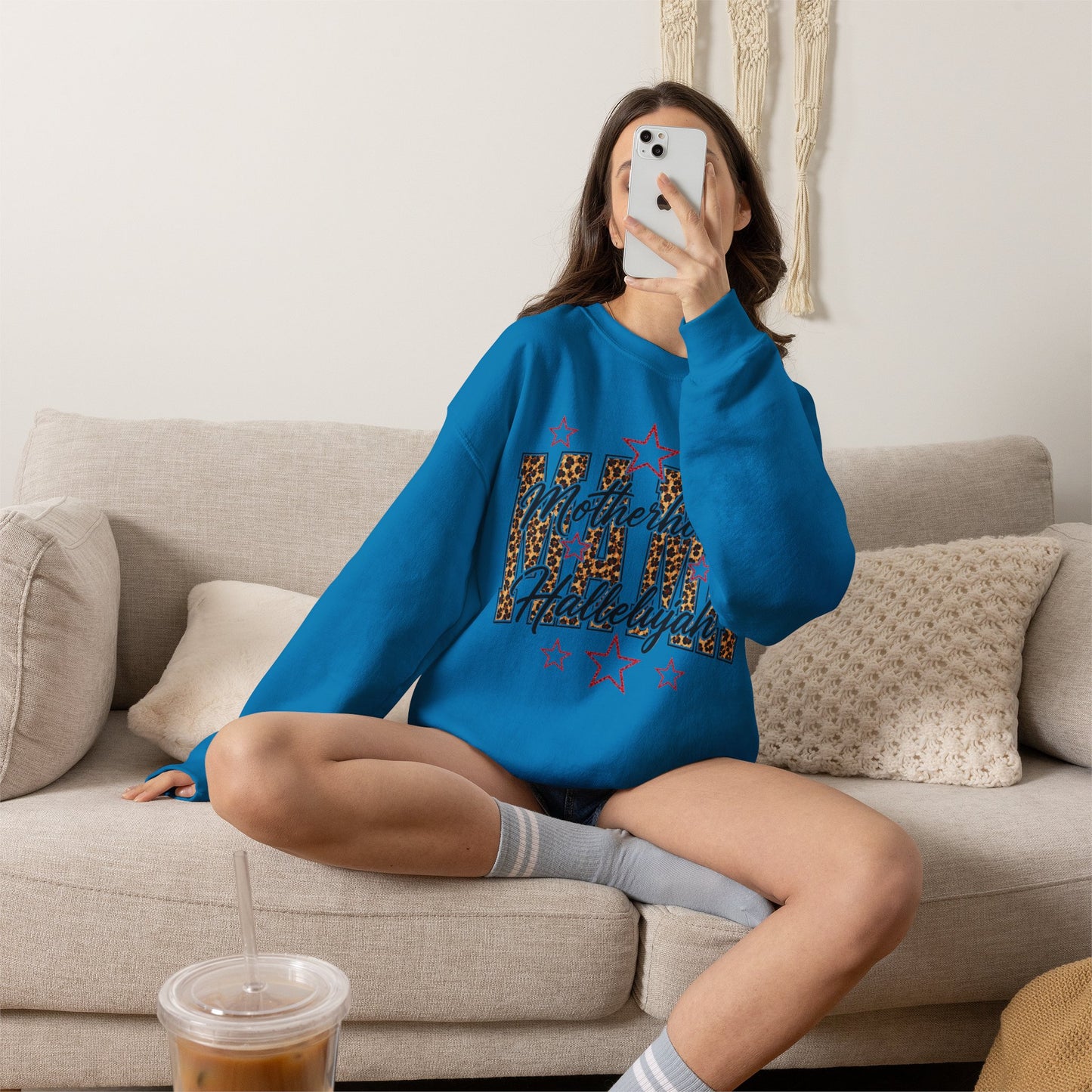 Motherhood Hallelujah Crewneck Sweatshirt — Leopard Flag Graphic
