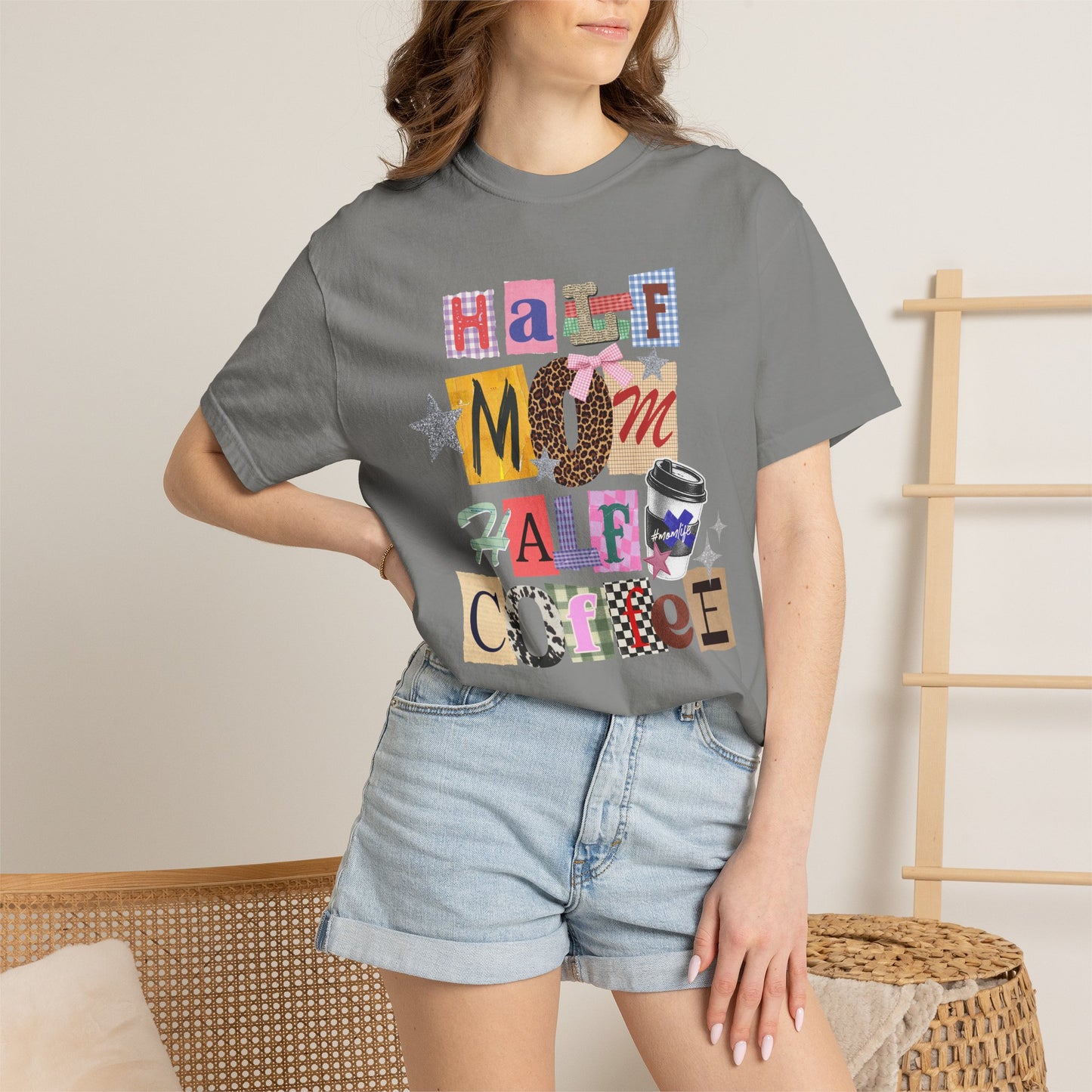 Half Mom Half Coffee Graphic Tee • Funny Mom Shirt Women • Trendy Patchwork Mixed Print Leopard Gingham Tee • Mom Life Shirt