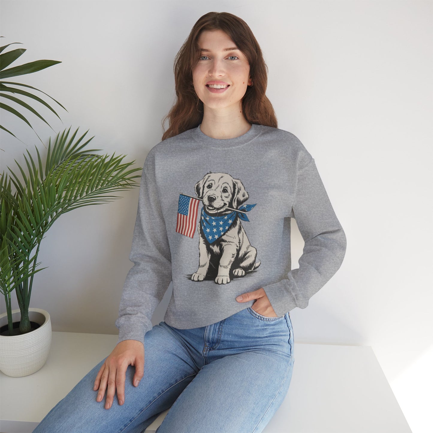 4th of July Patriotic Dog Puppy Crewneck • Americana Dog Lover Graphic sweatshirt • Red White Blue Flag
