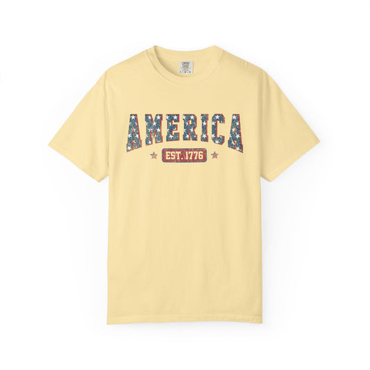 America Est 1776 T-Shirt • Vintage Patriotic Graphic Tee • Red White Blue Fourth of July Shirt
