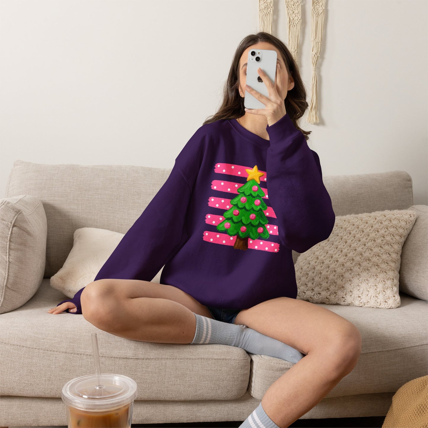 Preppy Pink Christmas Tree Sweatshirt - Pink Striped Holiday Crewneck