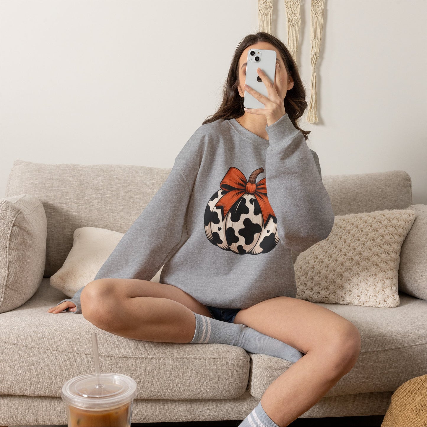 Cow print Pumpkin Sweatshirt — Halloween Fall Crewneck with Orange Bow