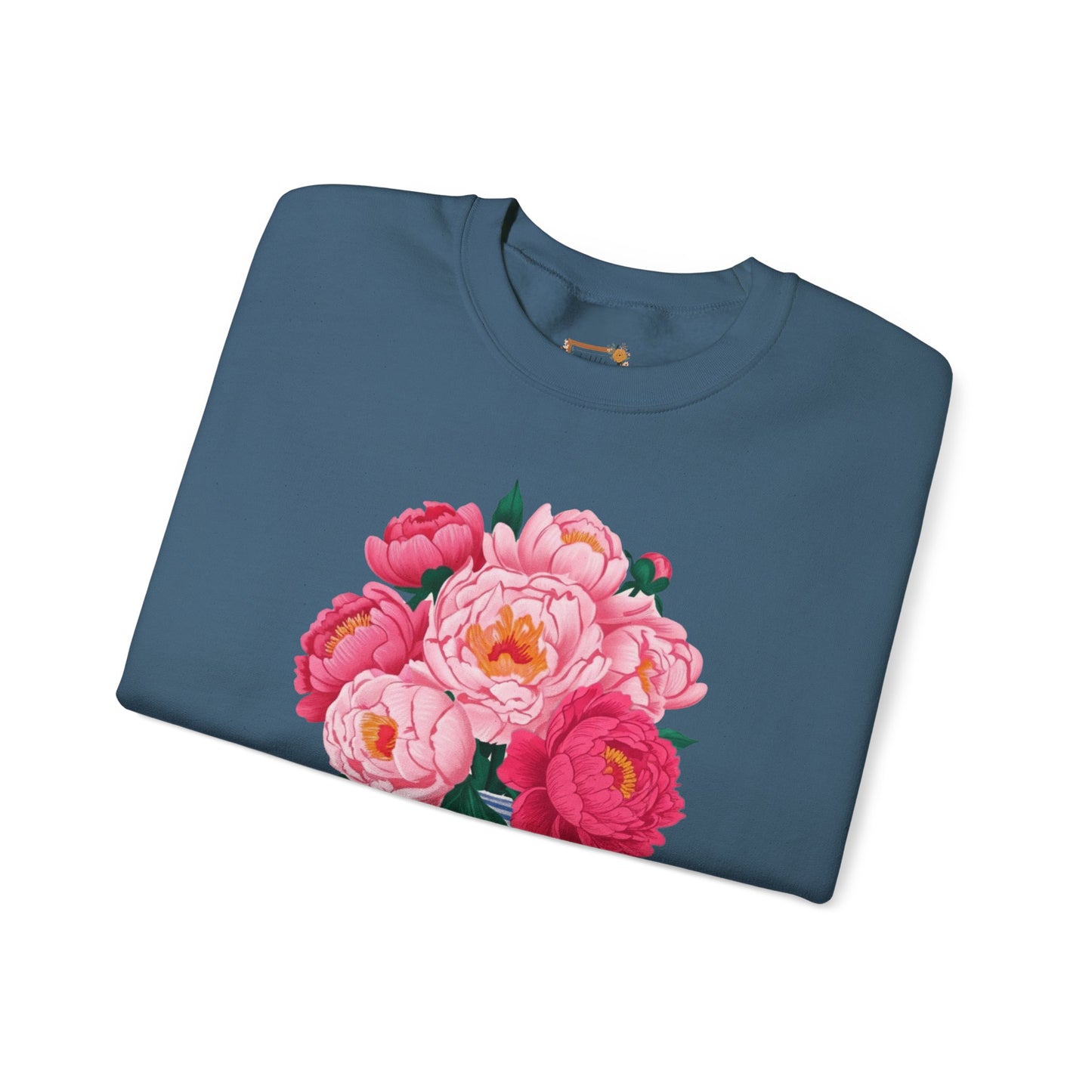 Pink Peonies in Blue Vintage Vase Floral Sweatshirt • Cottagecore Garden Bouquet Crewneck • Botanical Apparel