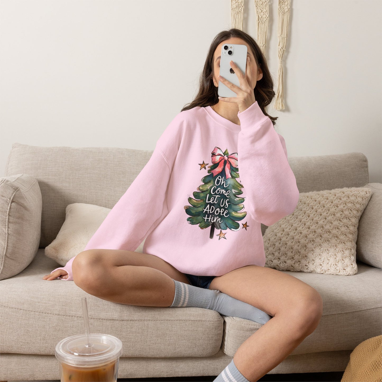 Christmas Tree Sweatshirt — "Oh Come Let Us Adore Him" Holiday Crewneck