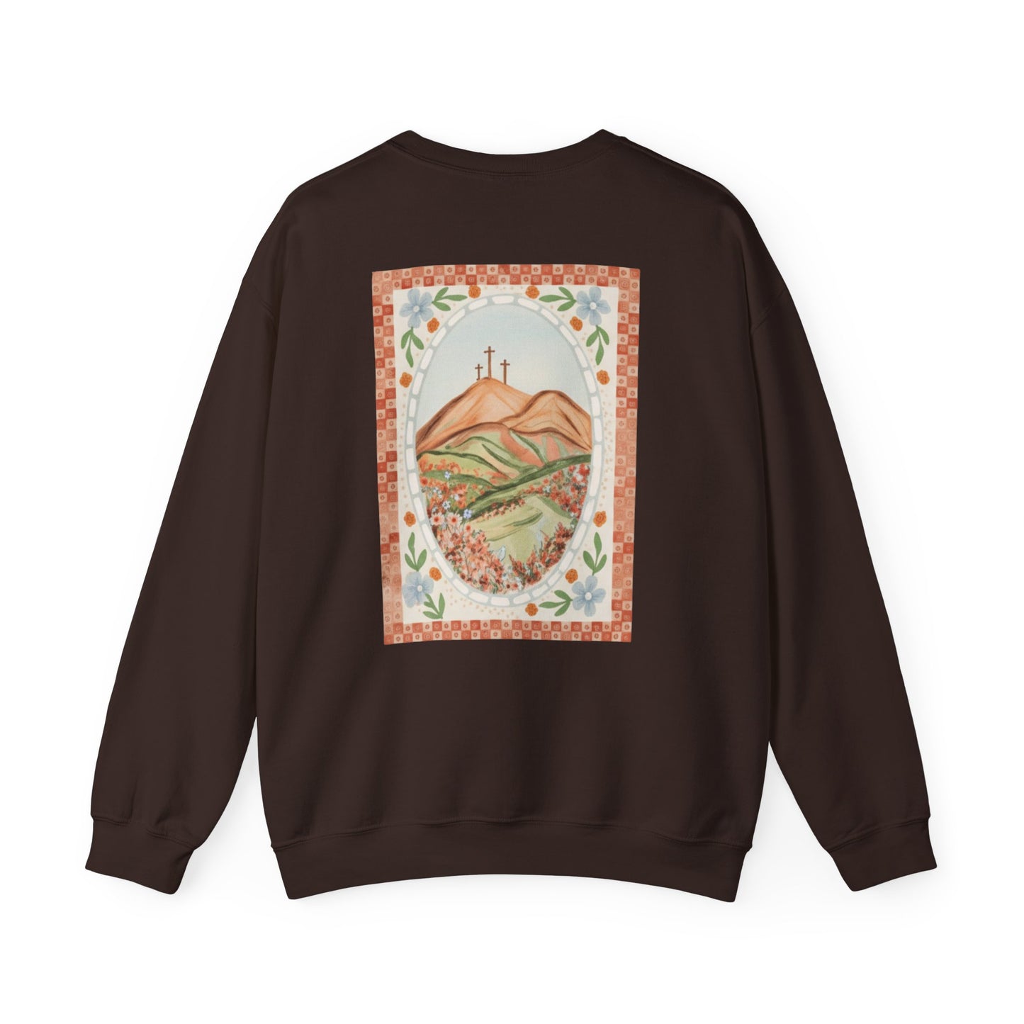Easter Landscape Faith Sweatshirt (Front & Back) • Christian Mountain Cross Crewneck • Floral Resurrection Scene Graphic