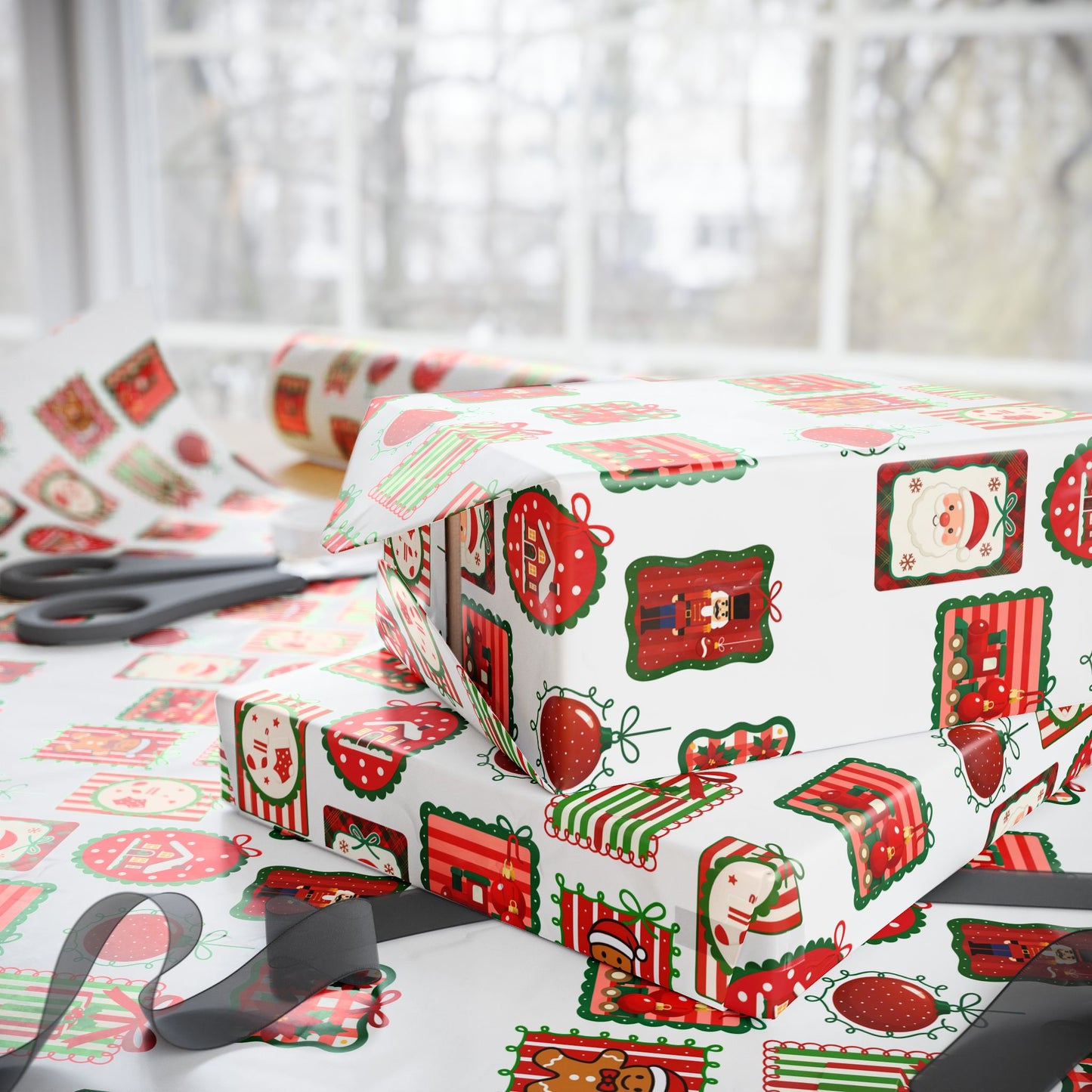 Christmas Stamp Collage Wrapping Paper | Vintage Holiday Postmark Pattern | Red & Green Retro Christmas Gift Wrap | Festive Mail-Inspired Design