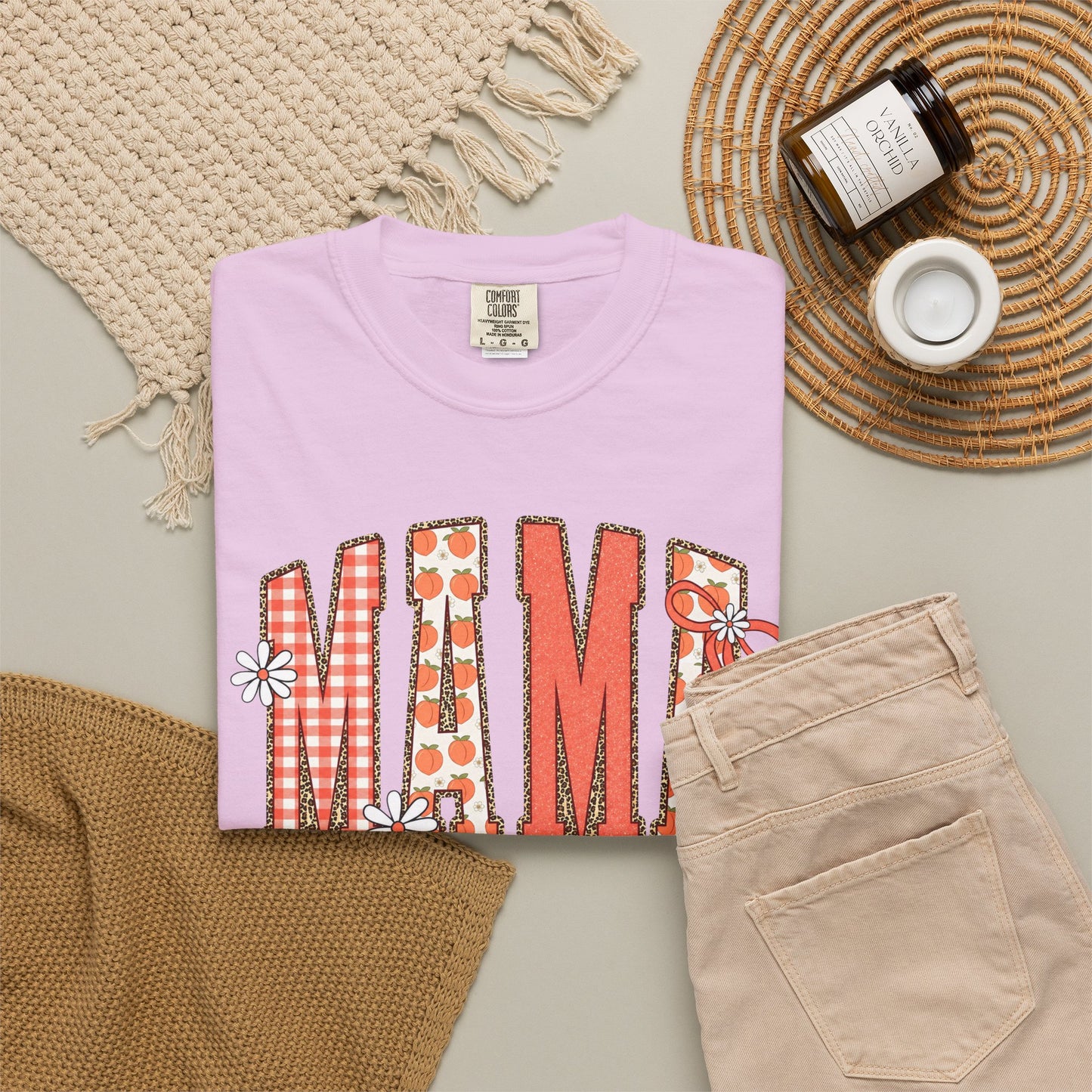 Daisy Peach MAMA Floral Shirt • Spring Graphic Tee • Peach Gingham Mom Shirt • Feminine Boutique Everyday Outfit