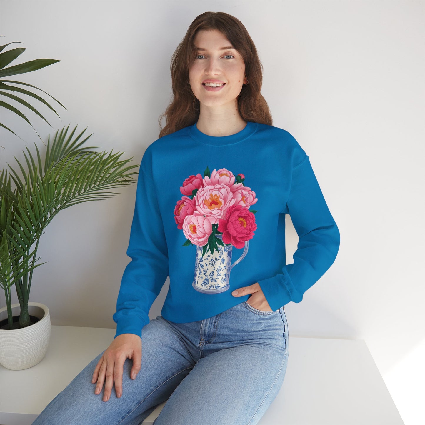 Pink Peonies in Blue Vintage Vase Floral Sweatshirt • Cottagecore Garden Bouquet Crewneck • Botanical Apparel