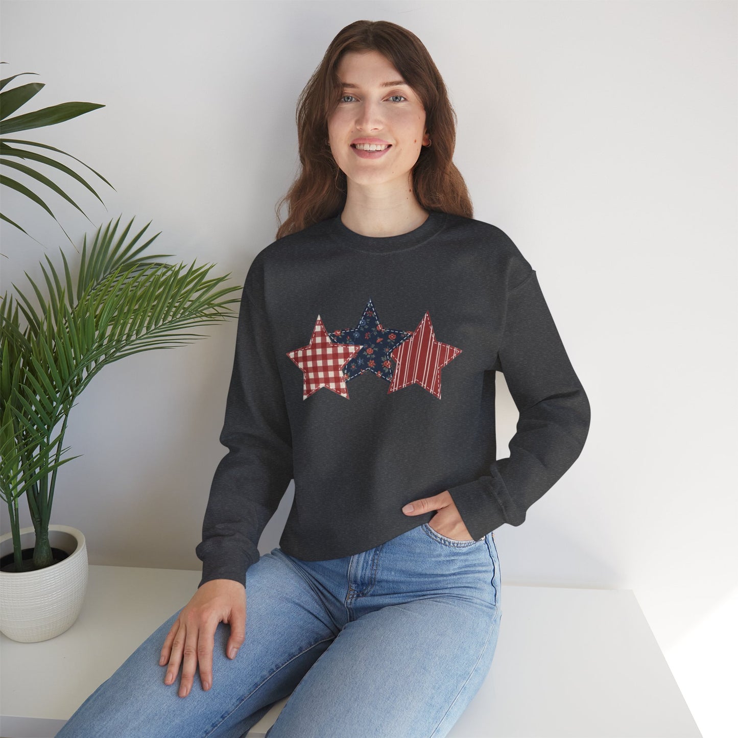 4th of July Patchwork Star Sweatshirt for Summer nights • Floral Gingham Red White Blue USA Crewneck • Patriotic Outfit