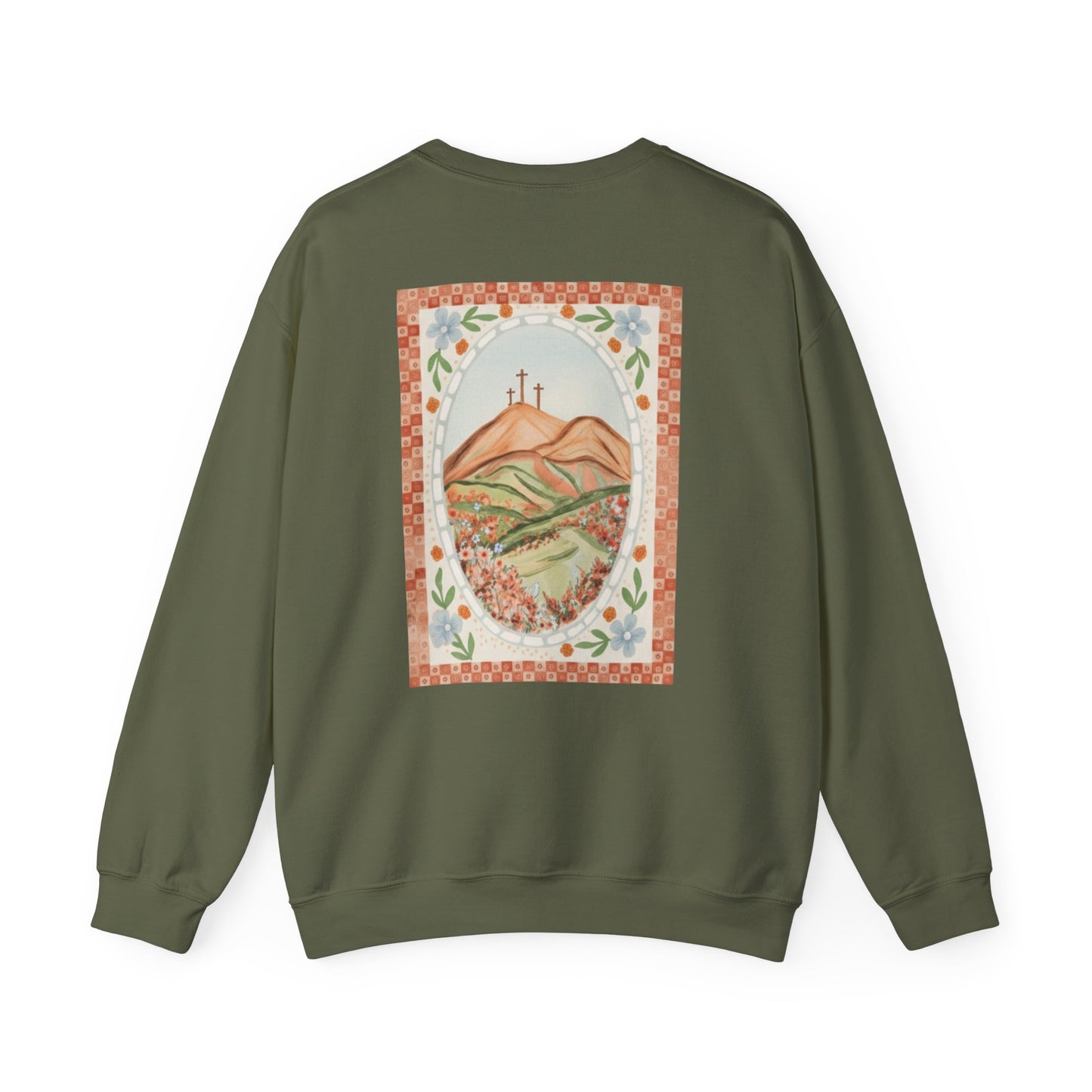 Easter Landscape Faith Sweatshirt (Front & Back) • Christian Mountain Cross Crewneck • Floral Resurrection Scene Graphic