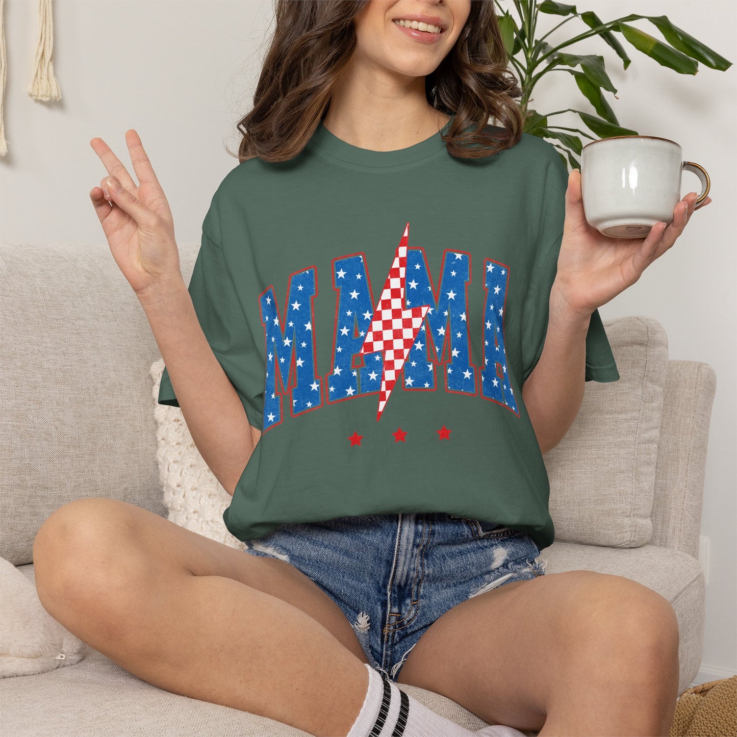 Patriotic MAMA Shirt • Lightning Bolt Mama Tee • Red White Blue Americana Graphic