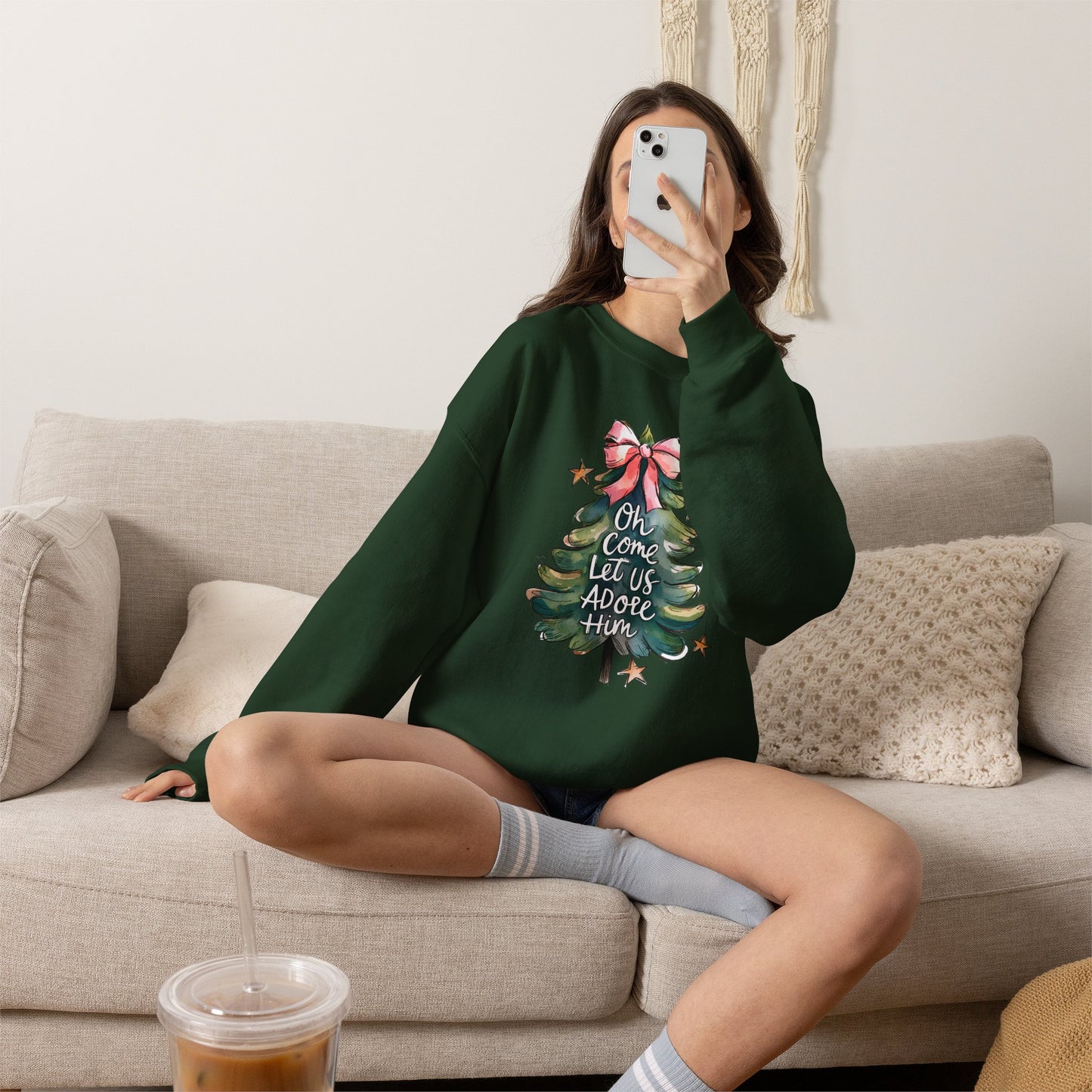 Christmas Tree Sweatshirt — "Oh Come Let Us Adore Him" Holiday Crewneck