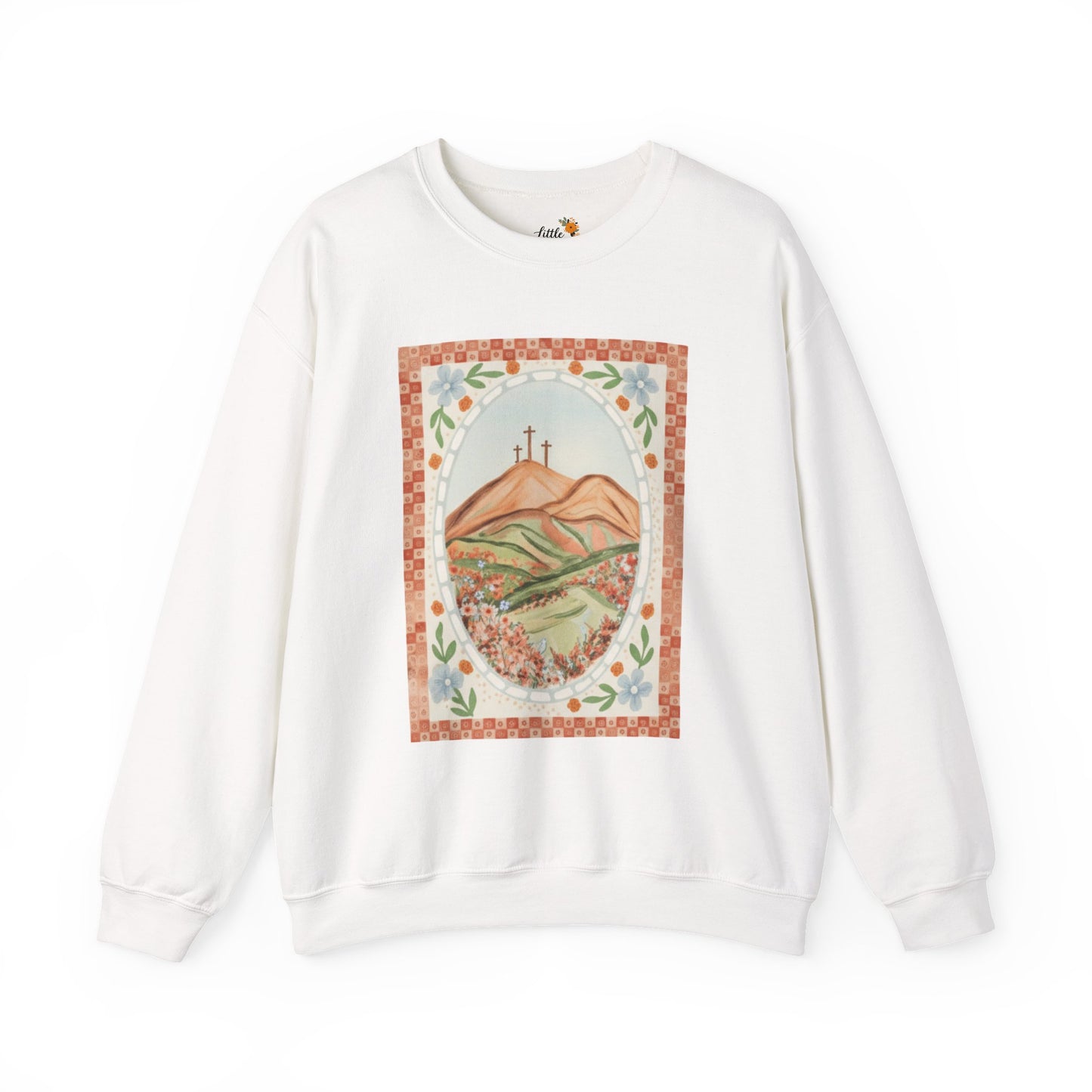 Easter Landscape Faith Sweatshirt (Front Only) • Christian Mountain Cross Crewneck • Floral Resurrection Scene Graphic