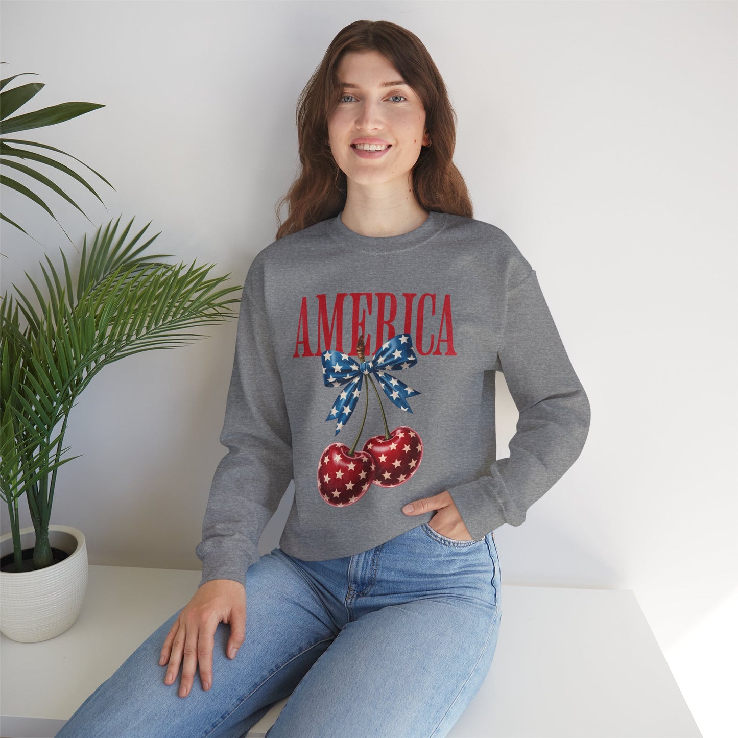 America Cherry Bow Sweatshirt • 4th of July Coquette Crewneck • Red White Blue Graphic shirt